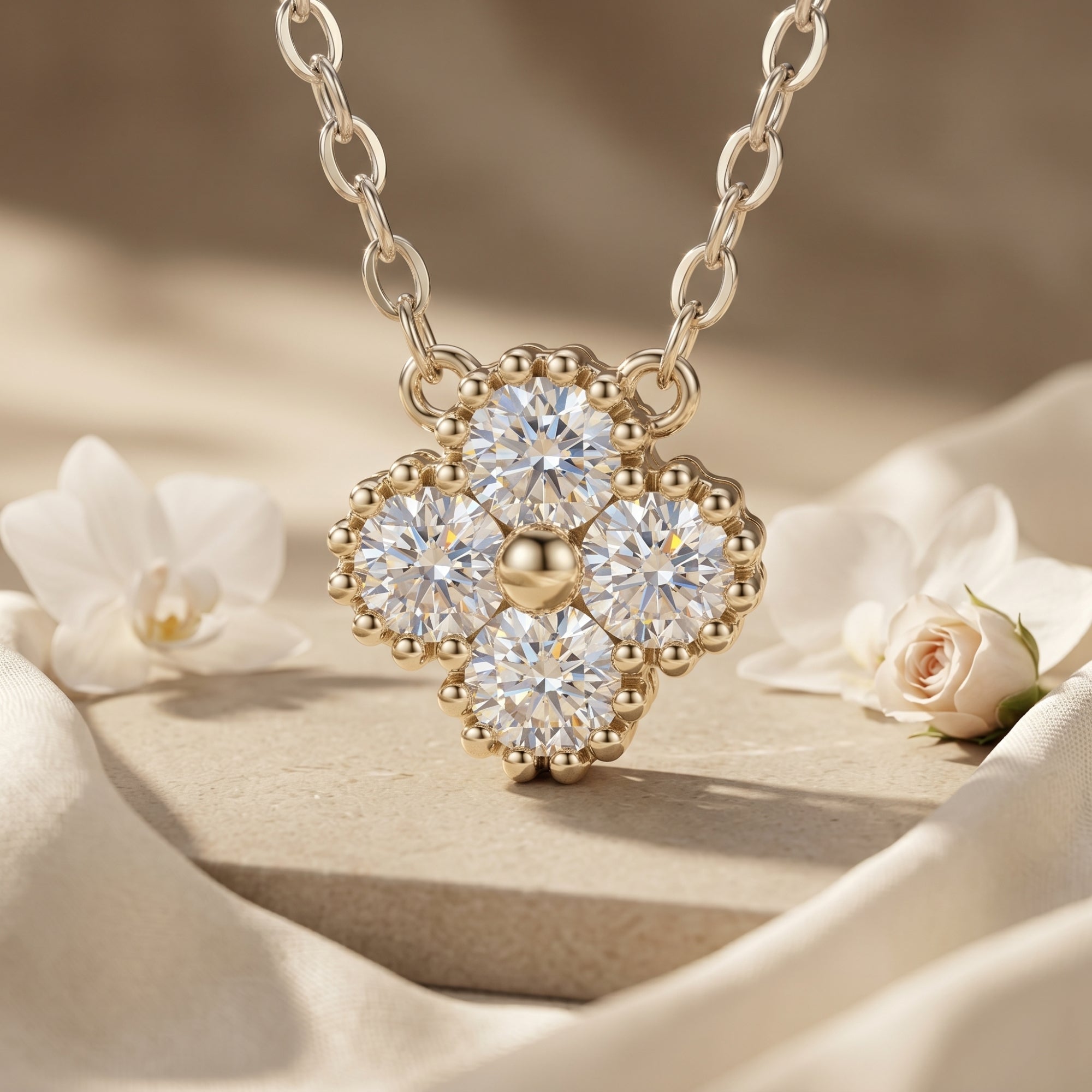 Gold clover pendant with round moissanite stones on floral background.