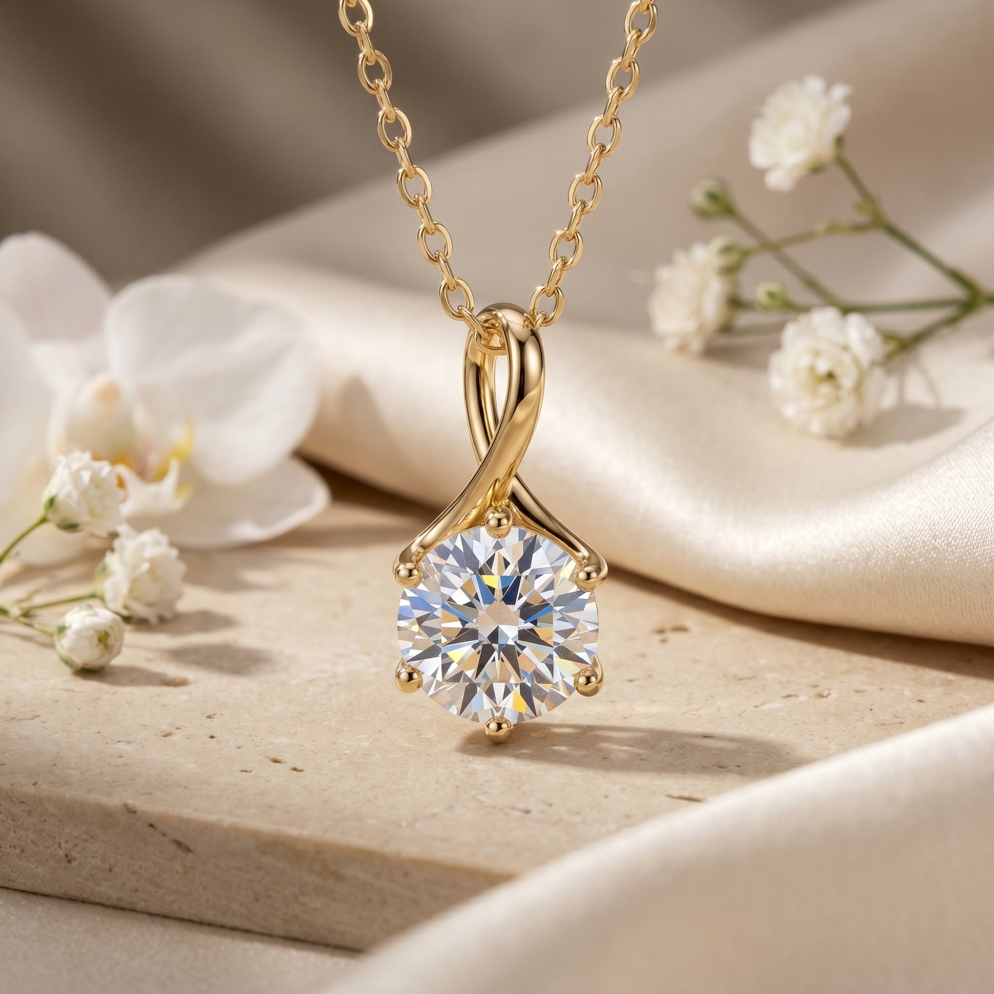 Gold twist necklace with round moissanite on floral lifestyle background.