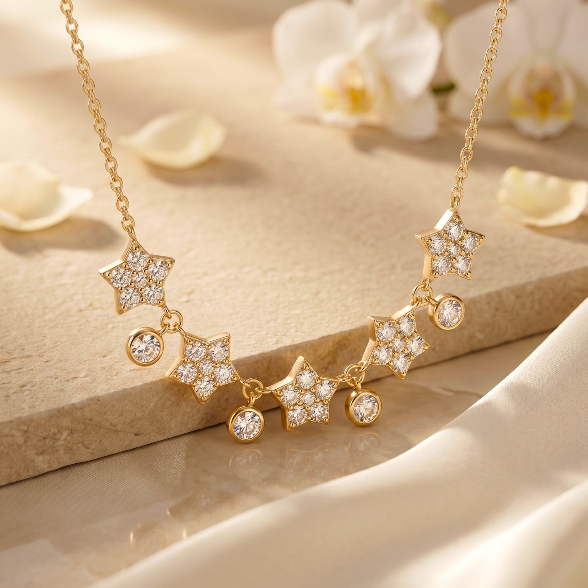 Gold star pendant necklace with round moissanite stones on a stone surface with white orchid petals.