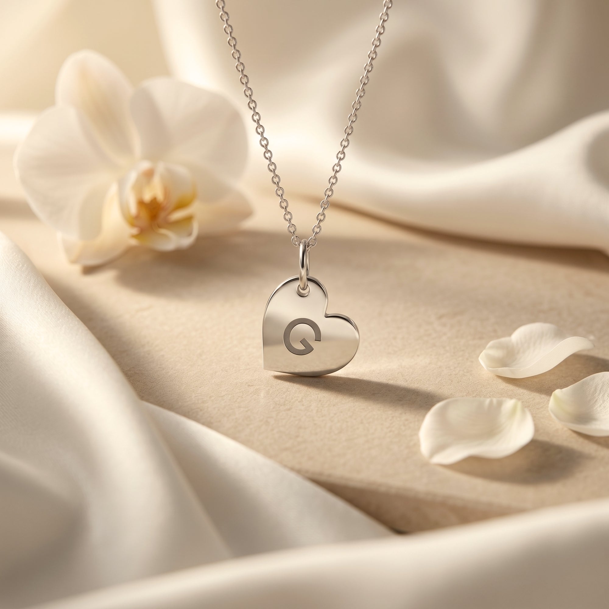 Silver heart pendant necklace with engraved 'G' on silk fabric with white orchids.