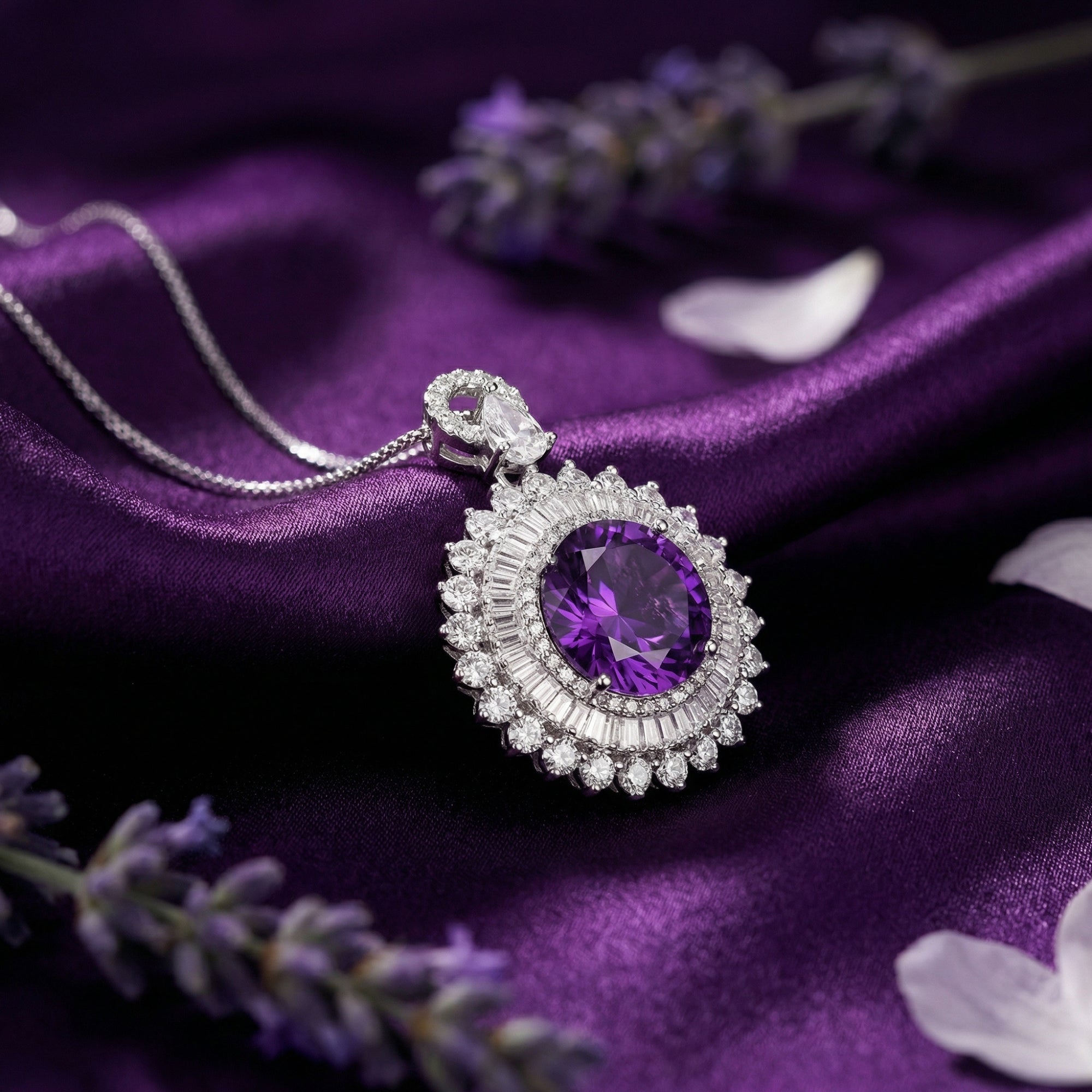 Close-up of a round cut amethyst pendant in sterling silver, showing the intricate baguette and round stone halo.