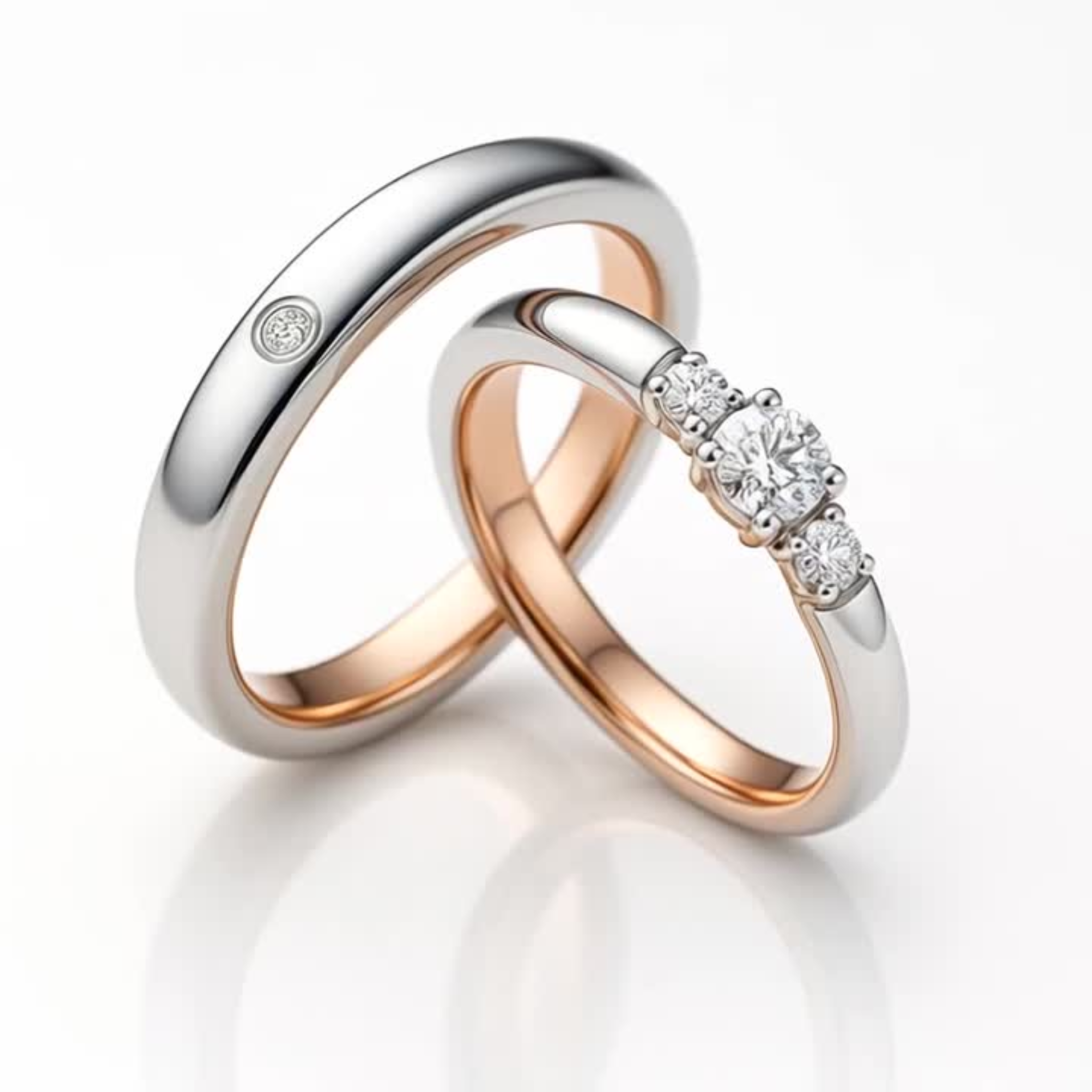 The Two-Tone Three-Stone Couples Rings - View 2