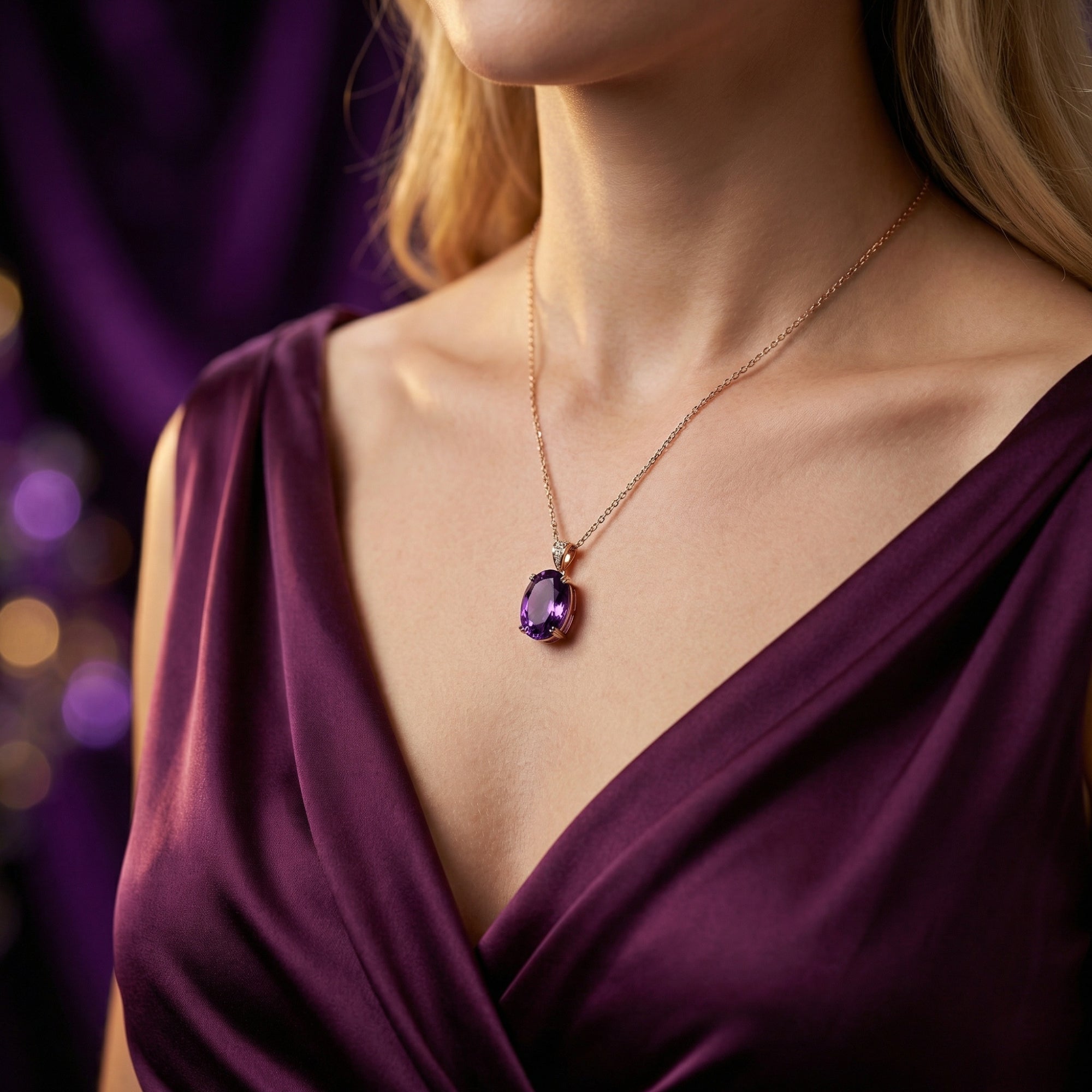 Model wearing the 18k rose gold oval amethyst solitaire pendant necklace with a purple V-neck dress.