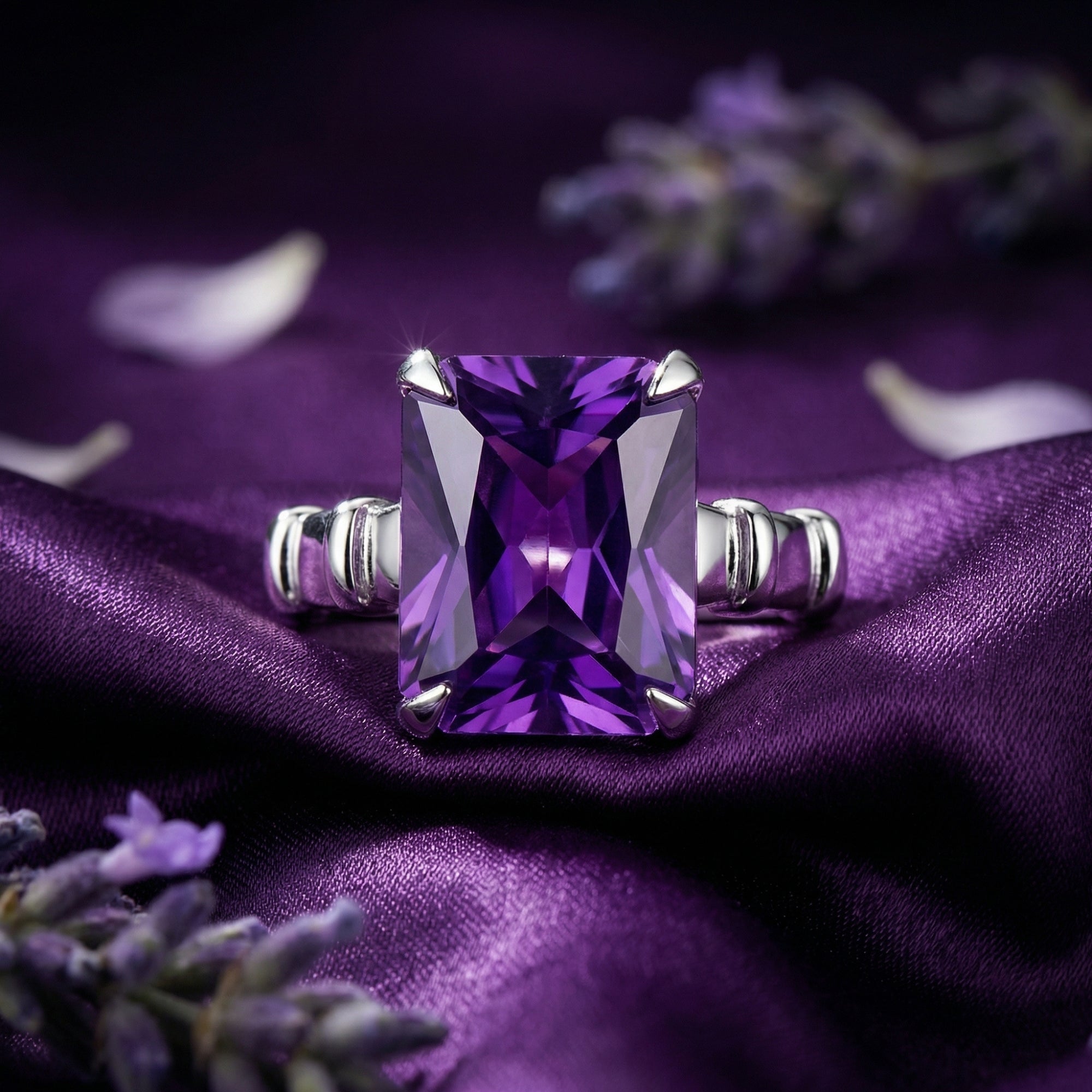Close-up of a faceted square cut amethyst stone in a sterling silver ring setting.
