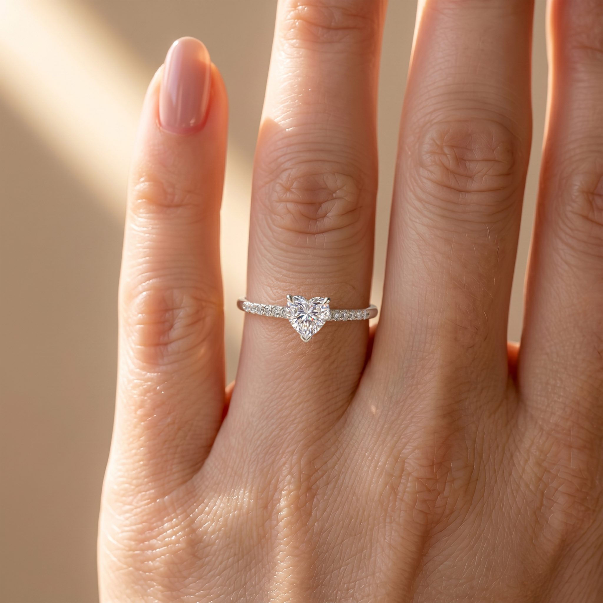 A close-up view of a hand wearing a white gold heart-shaped moissanite ring with a delicate diamond pavé band.