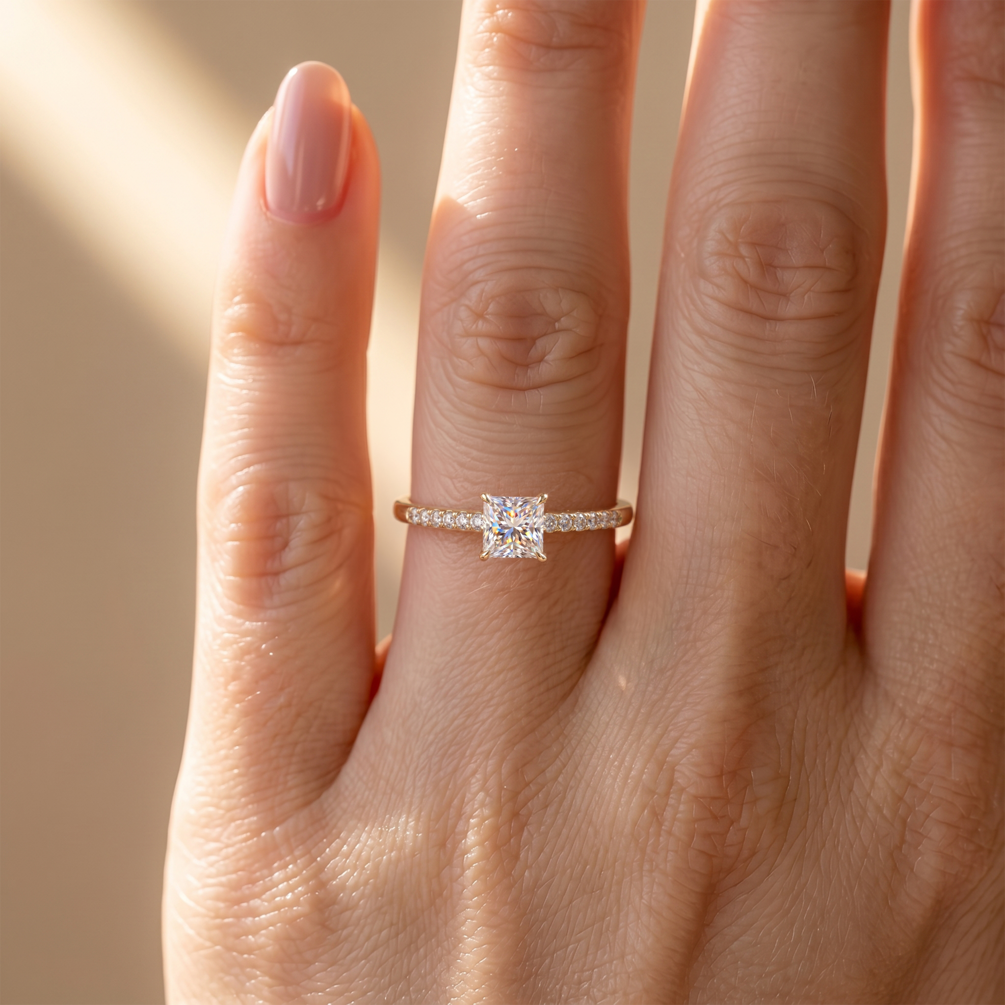 Close-up of a model's hand wearing a delicate yellow gold princess cut moissanite ring.