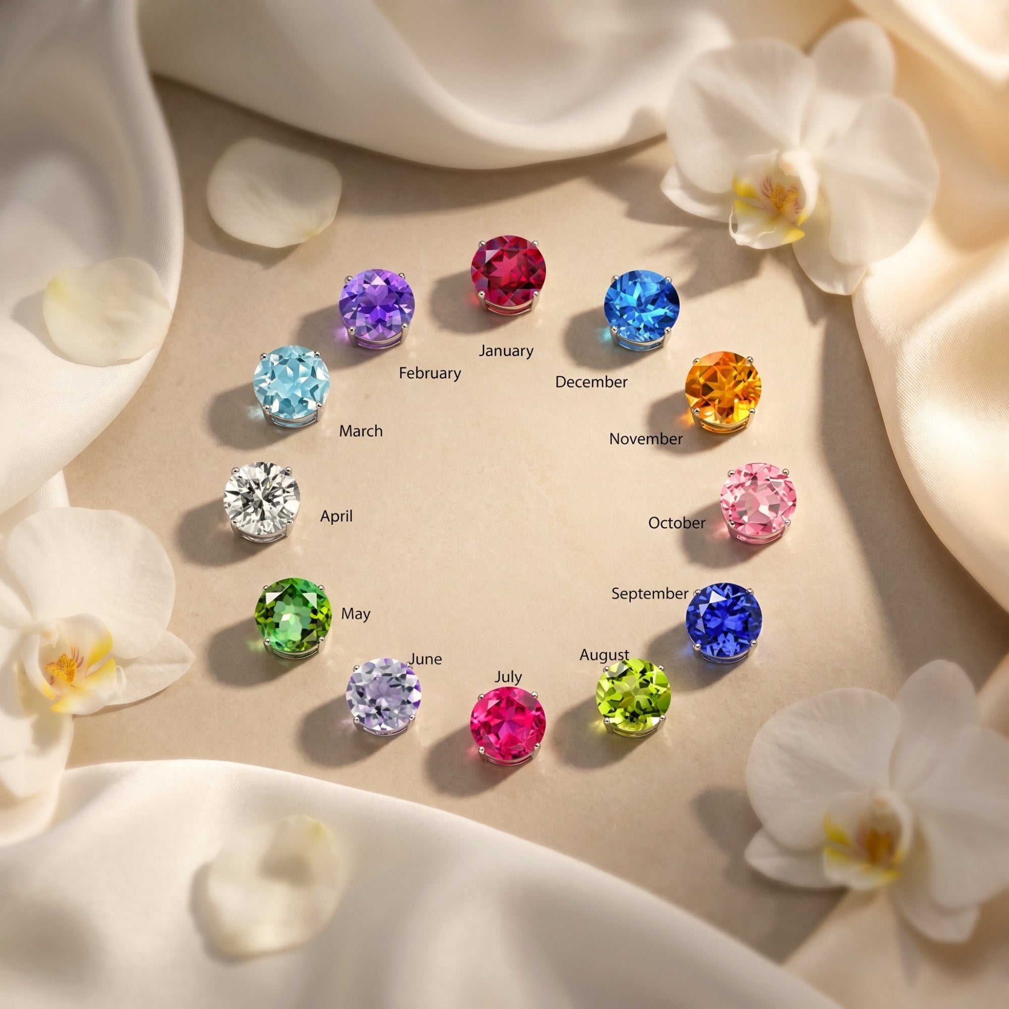 Solid gold crescent moon birthstone necklace with Zirconia stars, a celestial pendant.