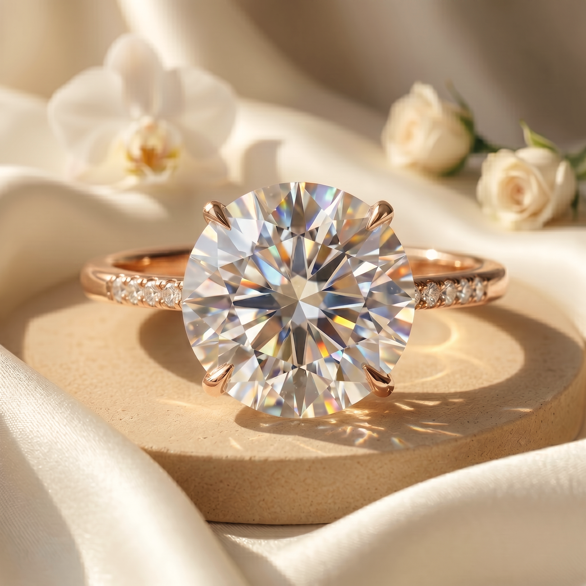 A brilliant round-cut moissanite solitaire engagement ring with a pavé band in rose gold, resting on a neutral stone platform.