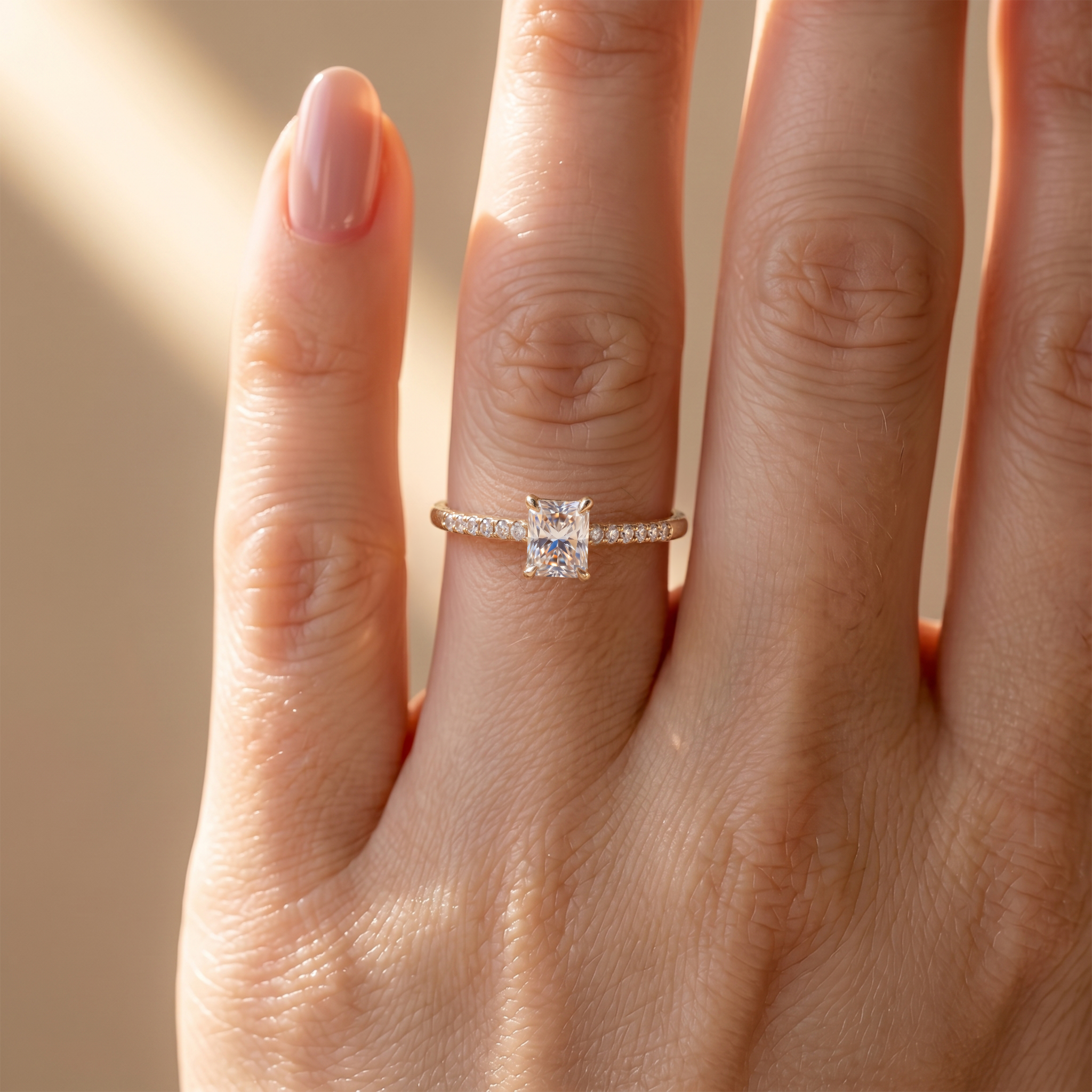 Close-up of a delicate yellow gold radiant cut moissanite ring with a pavé band worn on a woman's finger.