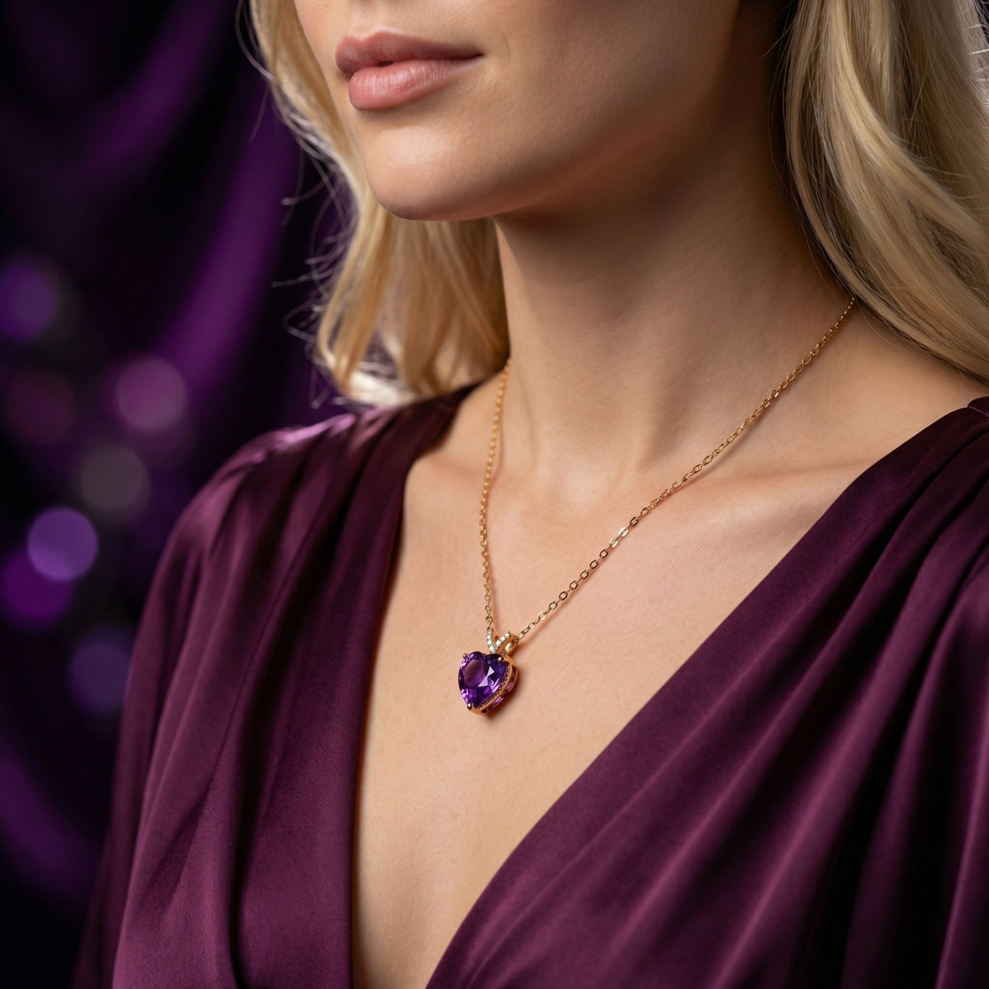 Woman wearing the heart-cut natural amethyst pendant necklace in 18K rose gold.