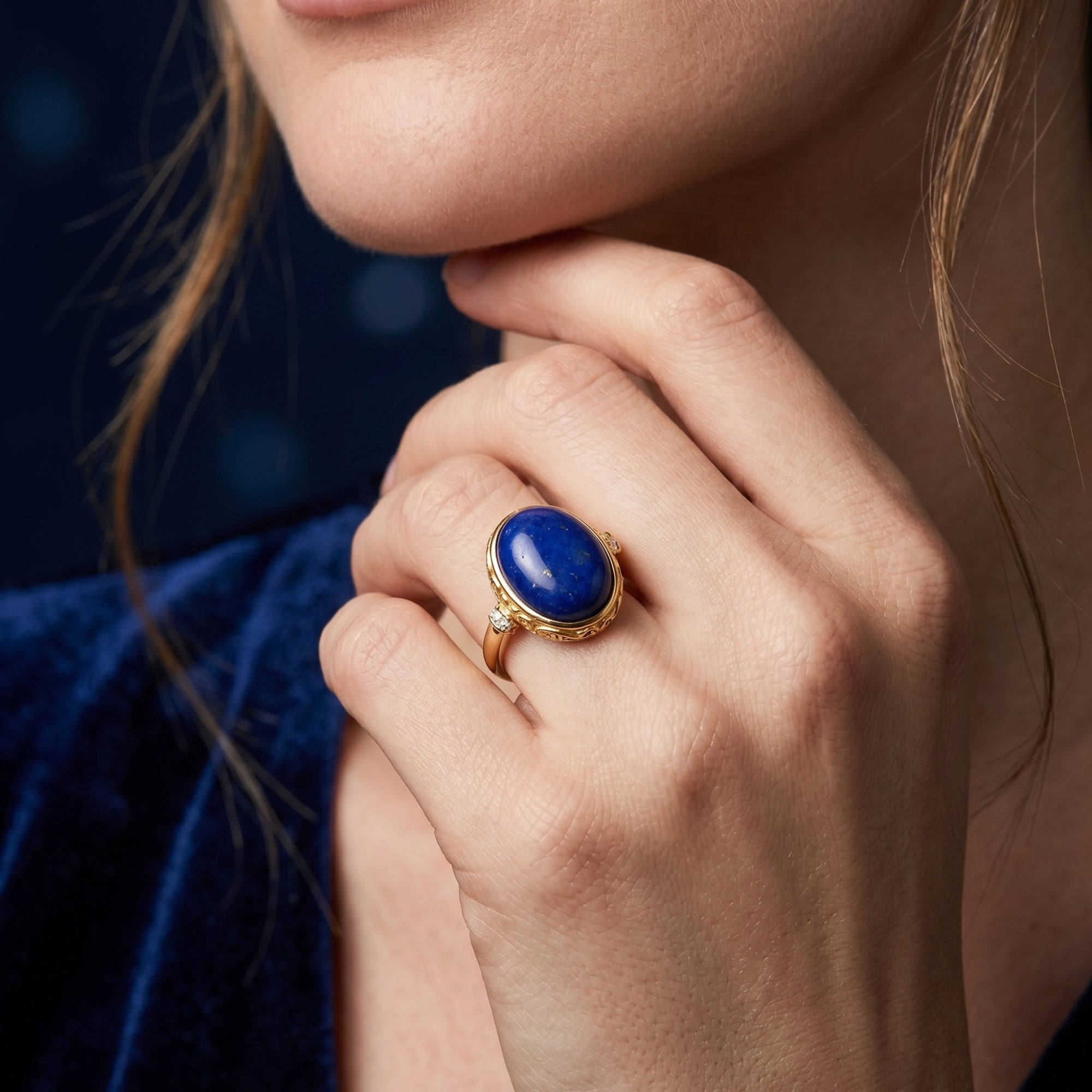 Woman wearing the Starscape oval lapis lazuli ring in yellow gold on her finger, paired with a blue velvet dress.