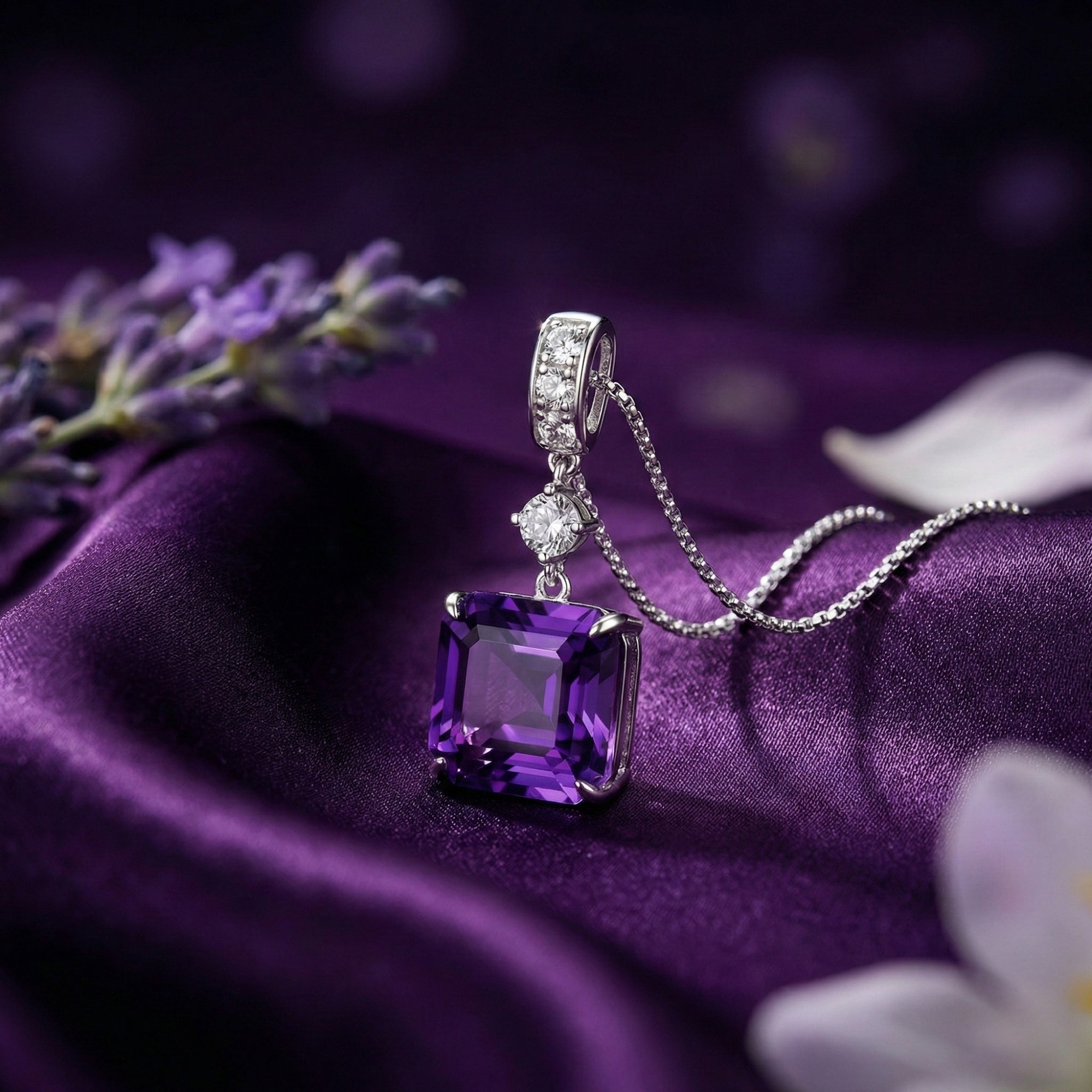 Macro view of the square cut natural amethyst gemstone in a sterling silver setting on purple silk.