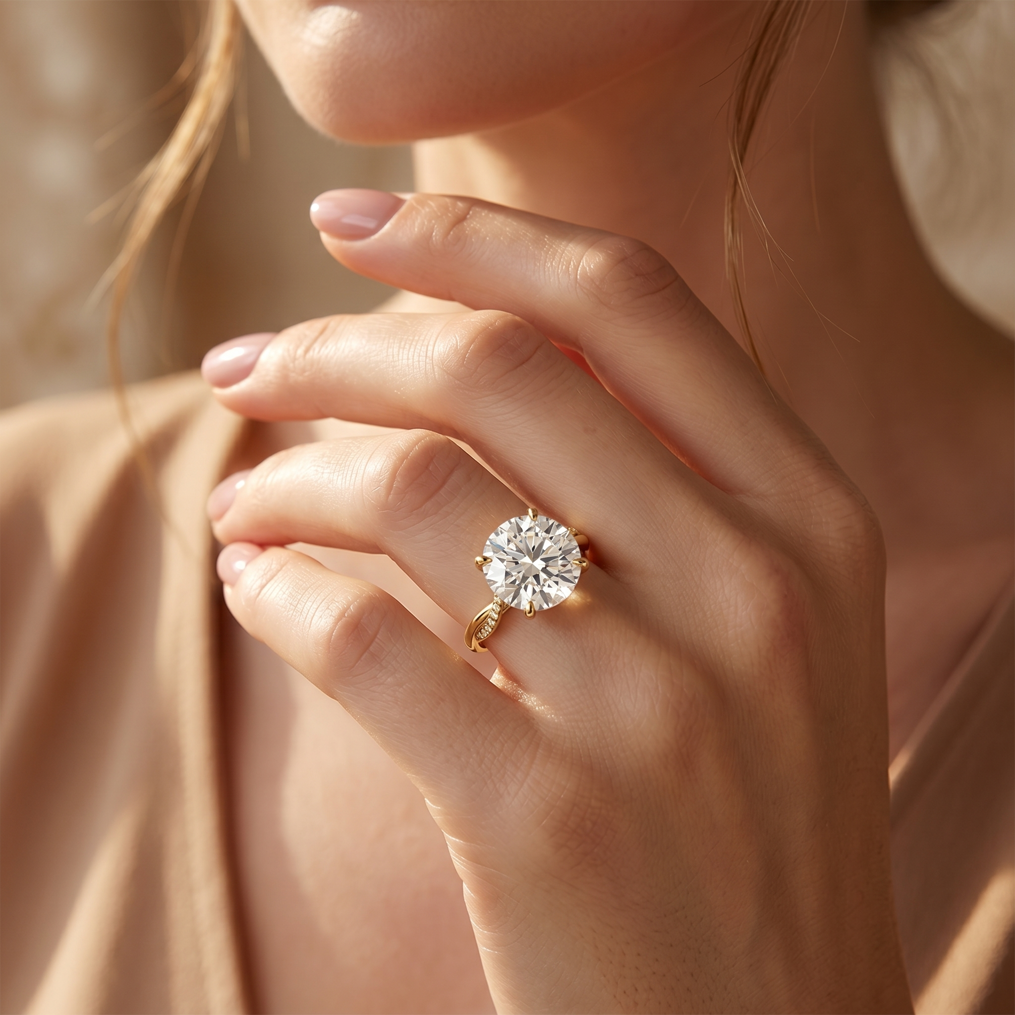 A model wearing a white gold moissanite engagement ring with a twisted band and round center stone.