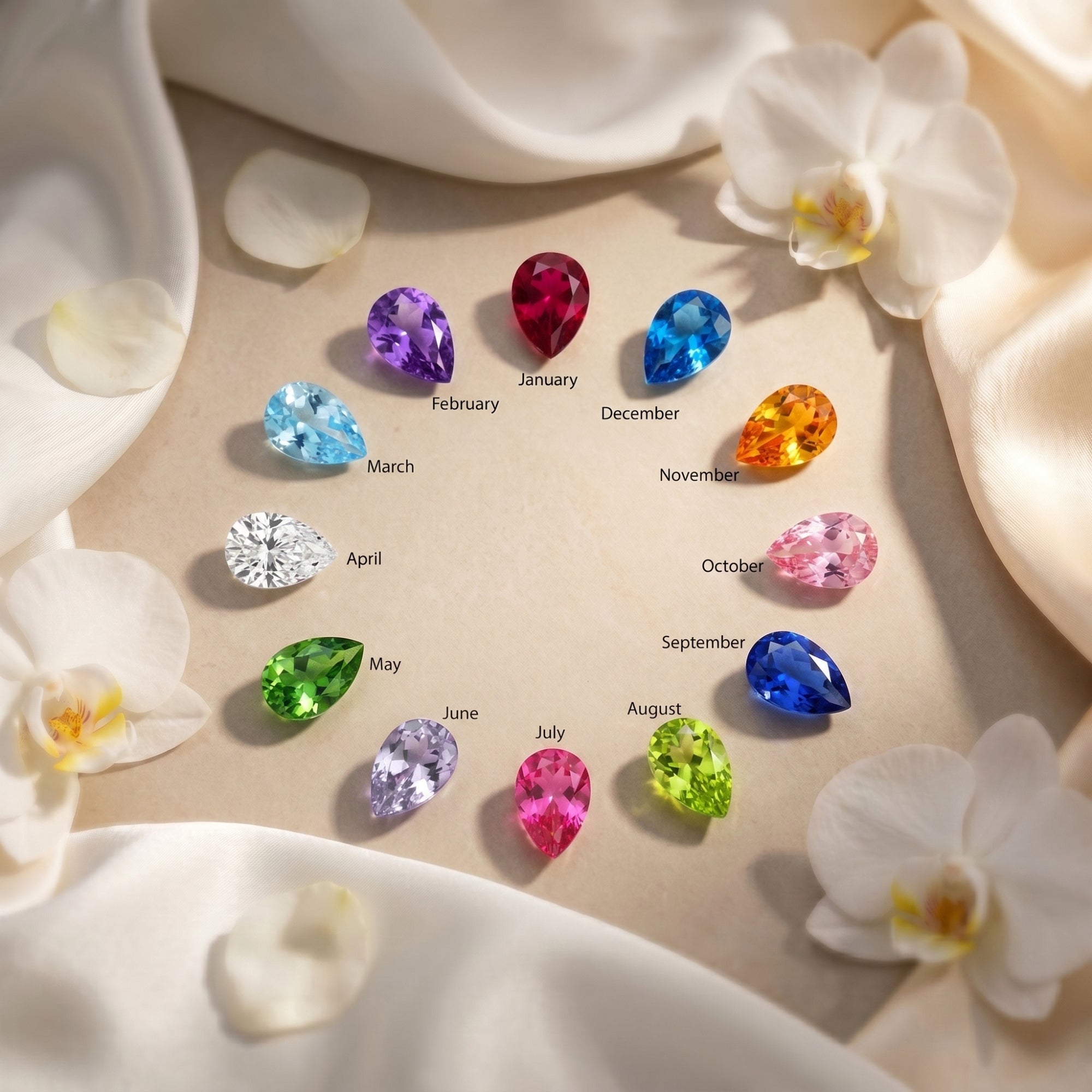 A circle of pear-cut birthstones including aquamarine and ruby on a neutral background with flowers.