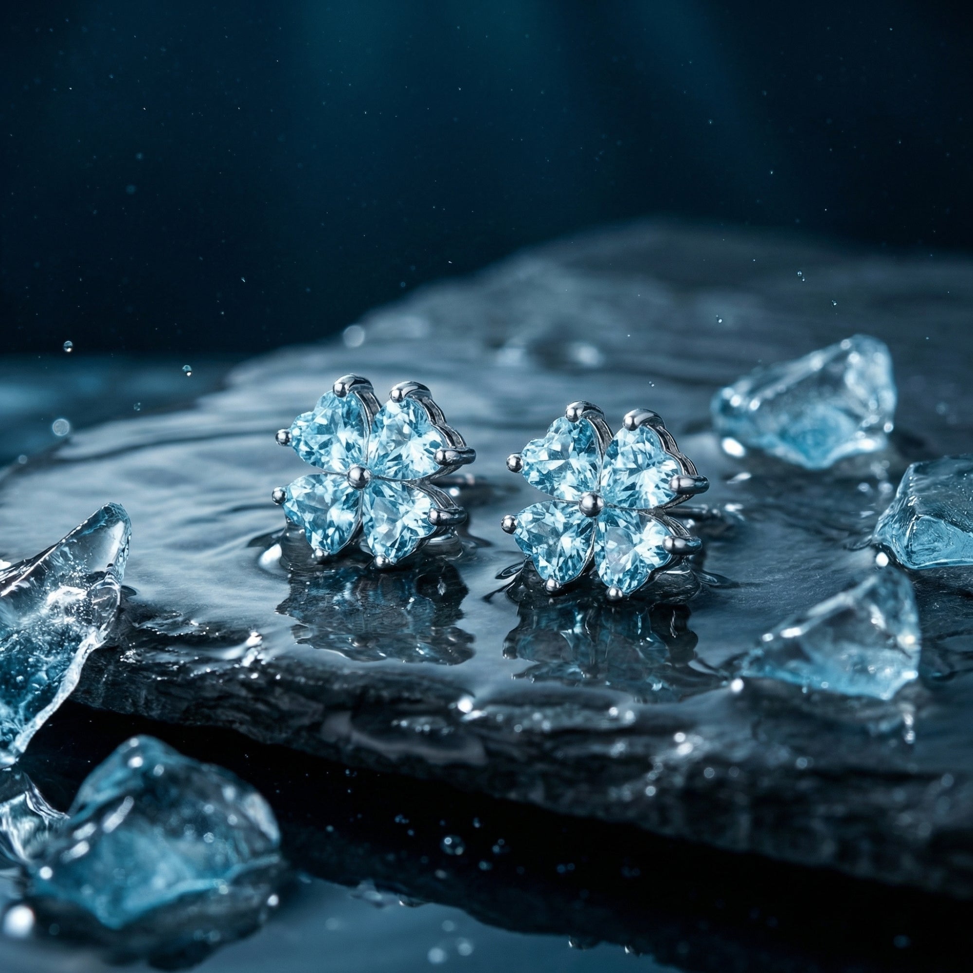 Macro view of platinum clover earrings showing the heart-cut aquamarine stones and prong settings.