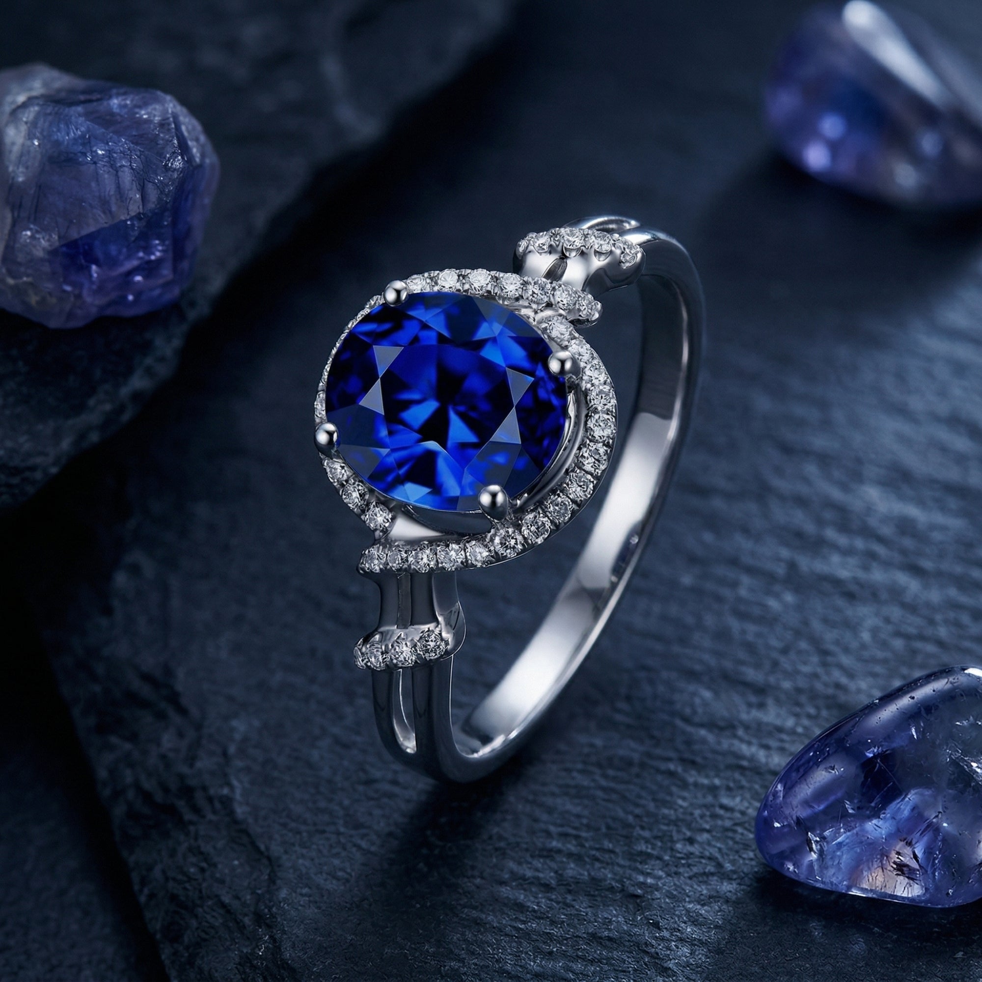 Close-up of an oval tanzanite center stone surrounded by a diamond halo in an 18K white gold setting.