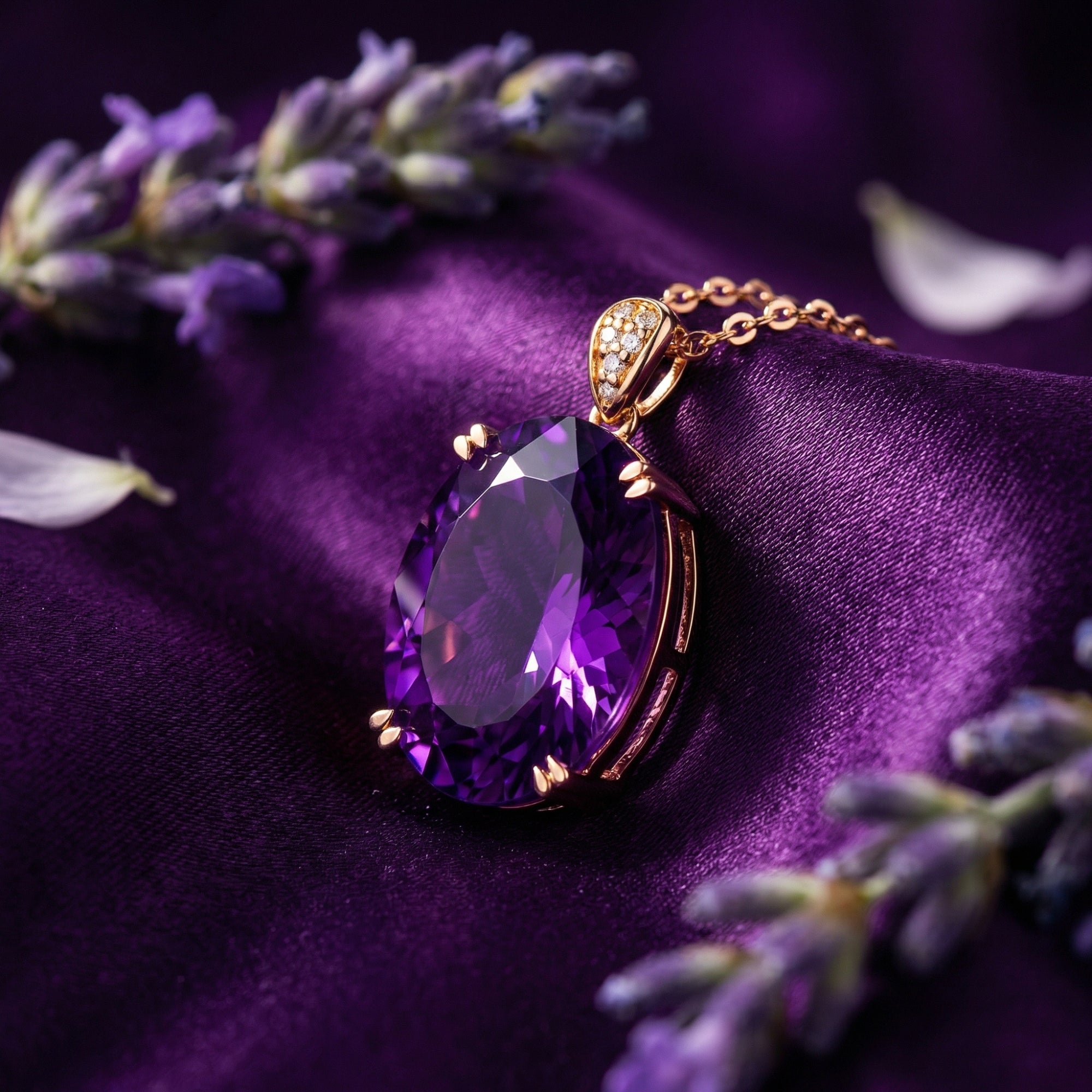 Macro view of the 9ct oval cut natural amethyst pendant showing the 18k rose gold setting and diamond bail.