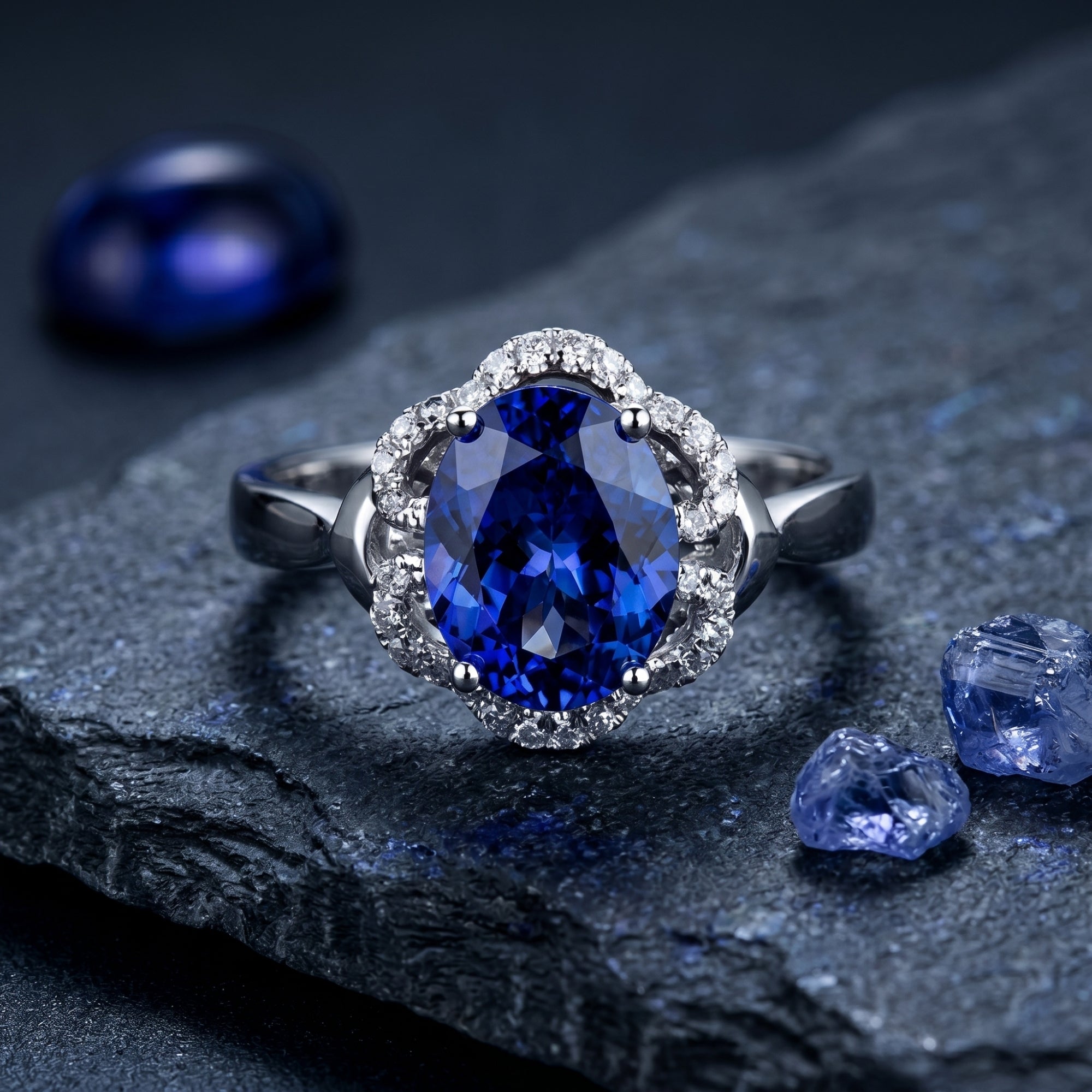 Close-up of an 18K white gold ring featuring a 6x8mm oval tanzanite center stone and diamond halo.