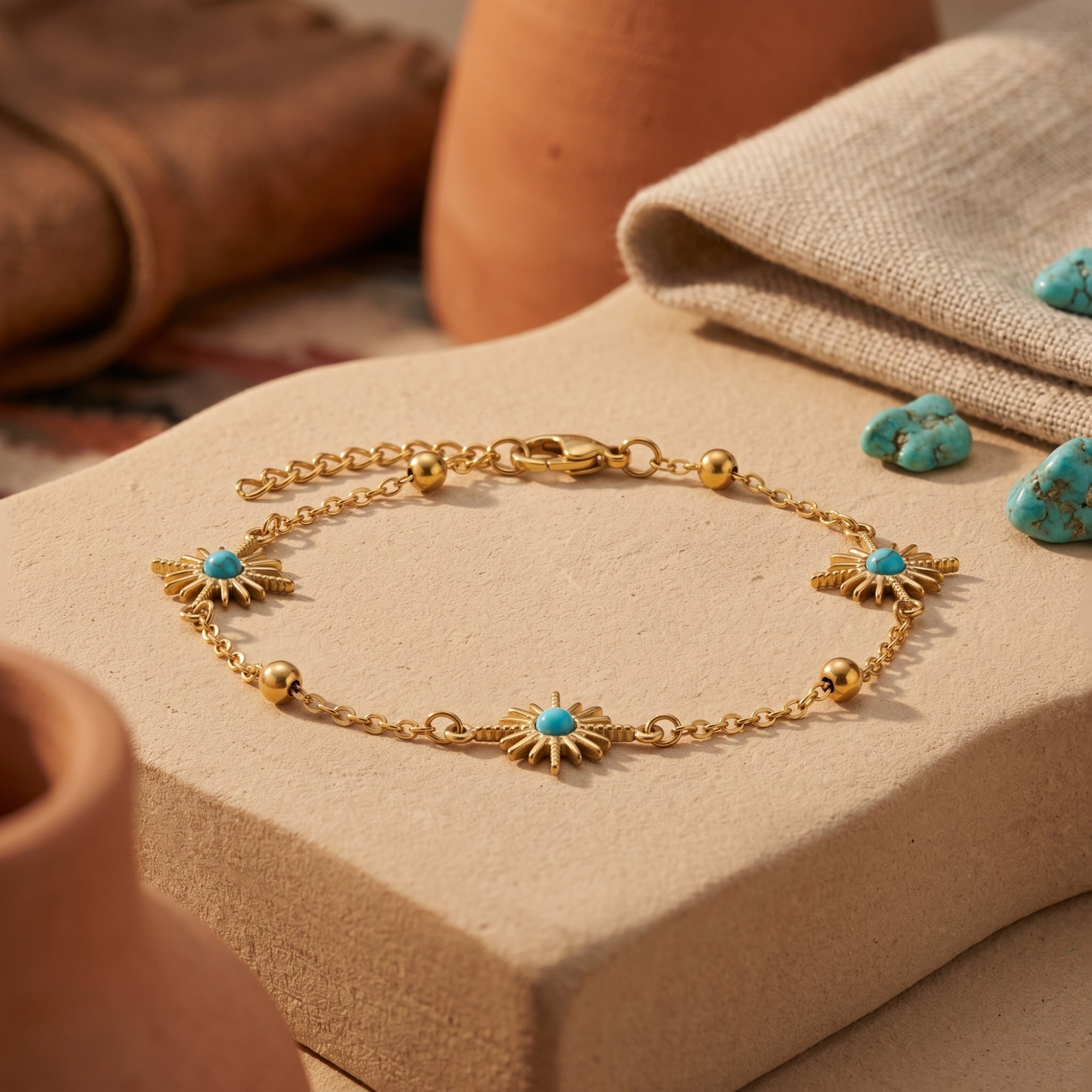 18K gold finish chain bracelet featuring turquoise sunburst charms, styled on a desert-inspired stone surface.