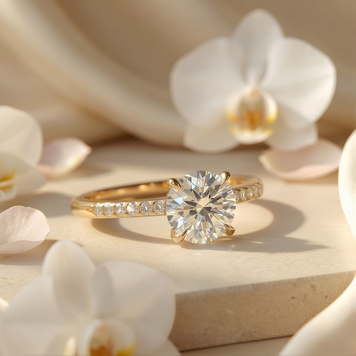 A yellow gold round-cut moissanite engagement ring with a classic pavé band, resting among white orchid petals.