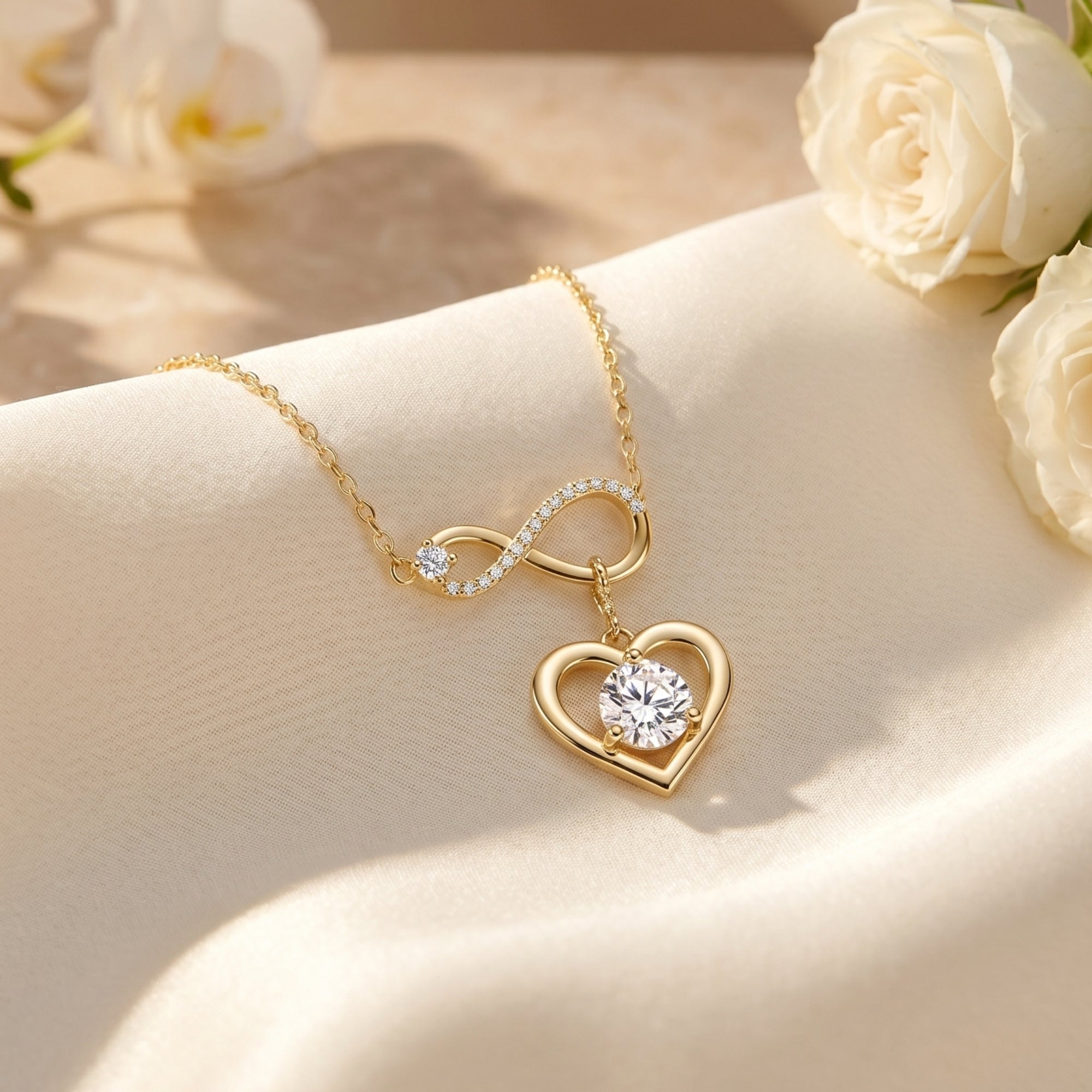 Gold infinity heart necklace with a round cut moissanite stone resting on cream silk fabric.
