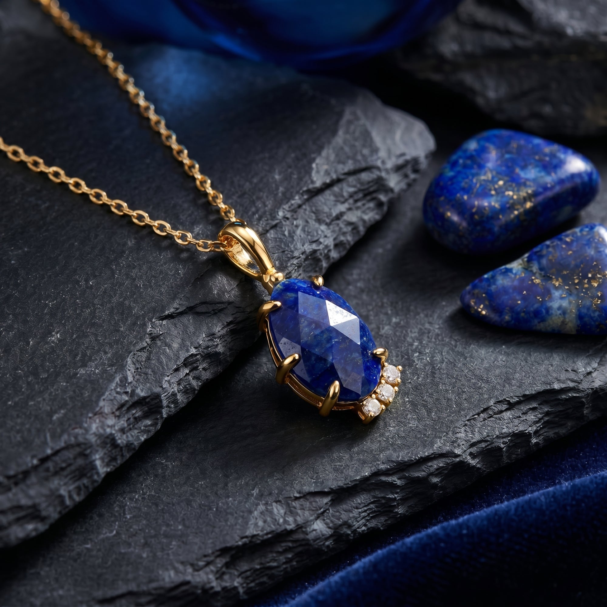 Macro detail of the faceted pear natural lapis lazuli pendant and gold setting with small accent stones.