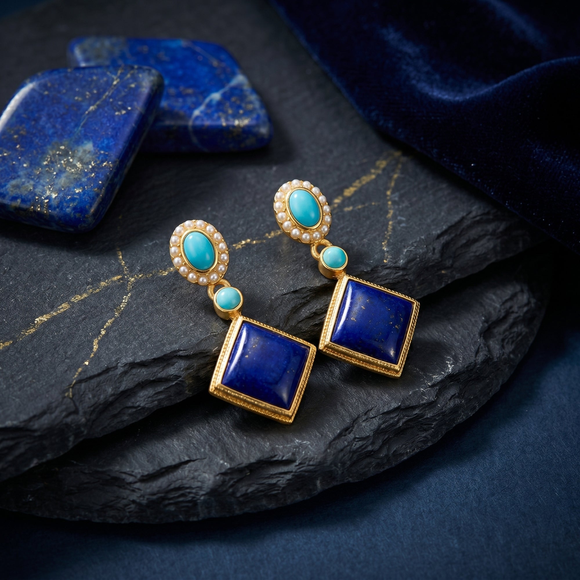 Rhombus-cut lapis lazuli earrings in gold plating with turquoise and pearls, styled on a dark stone background.