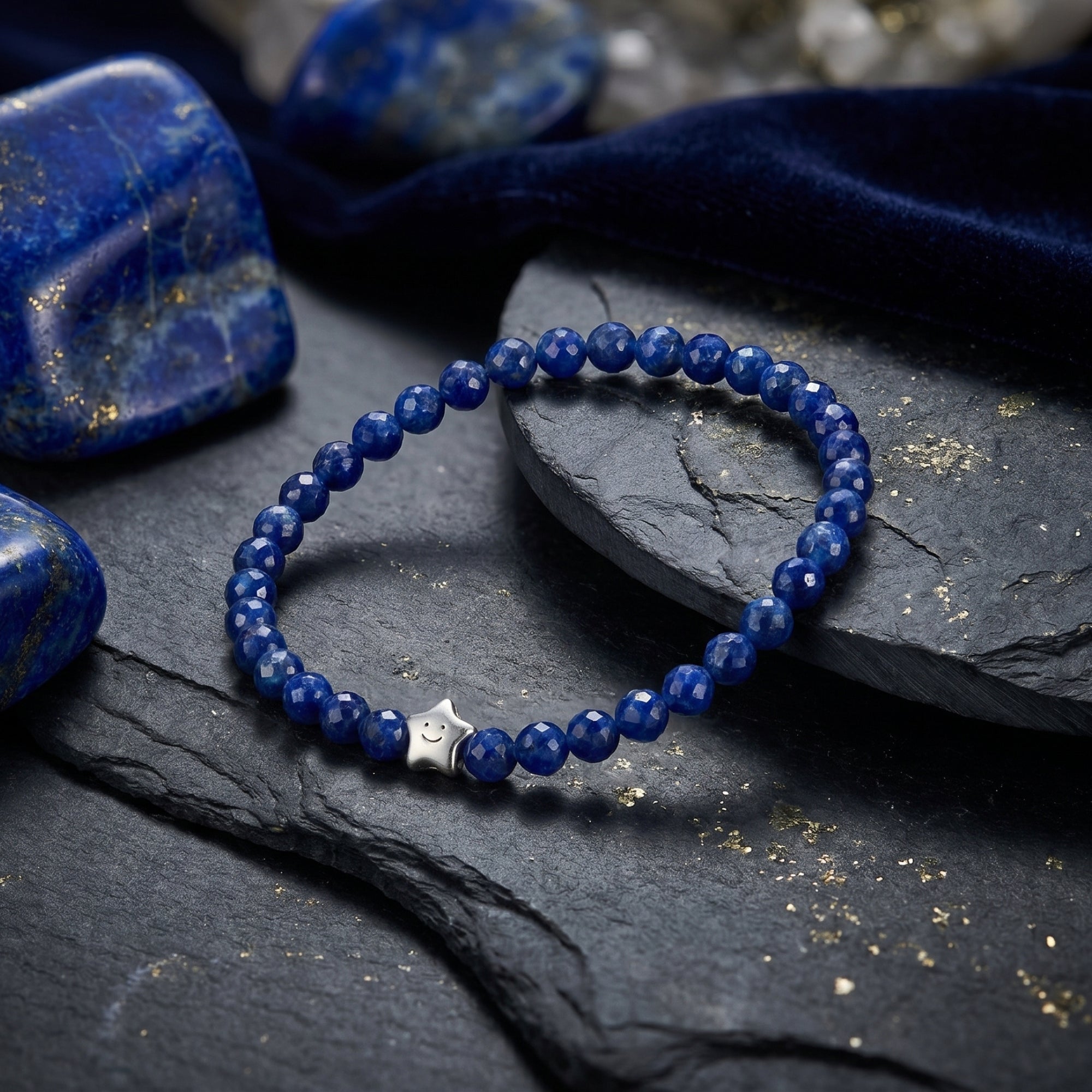 Faceted natural lapis bracelet with a silver smiley star charm displayed on textured black stone with raw lapis.