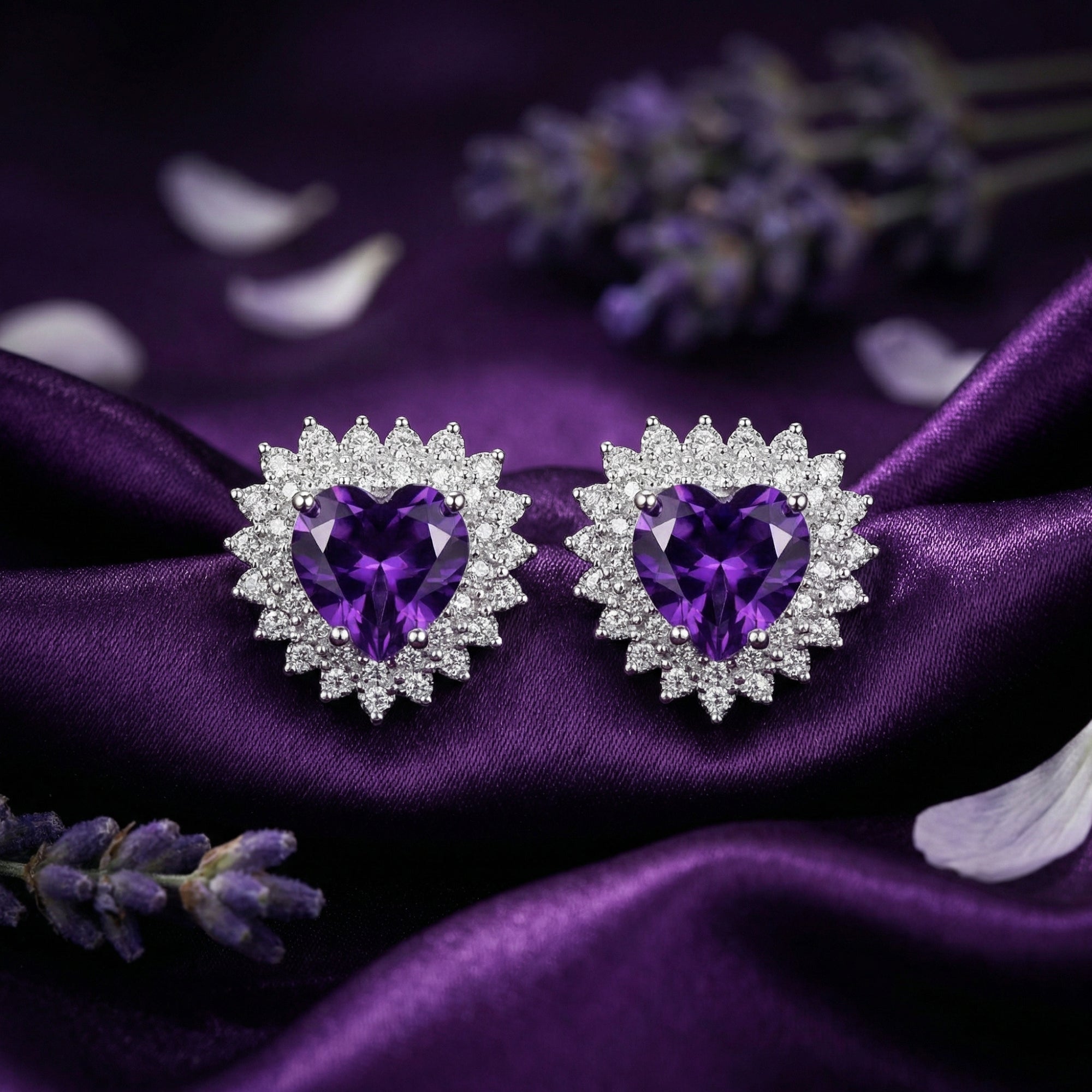 Macro view of heart cut amethyst earrings in sterling silver with a brilliant halo on a purple fabric background.