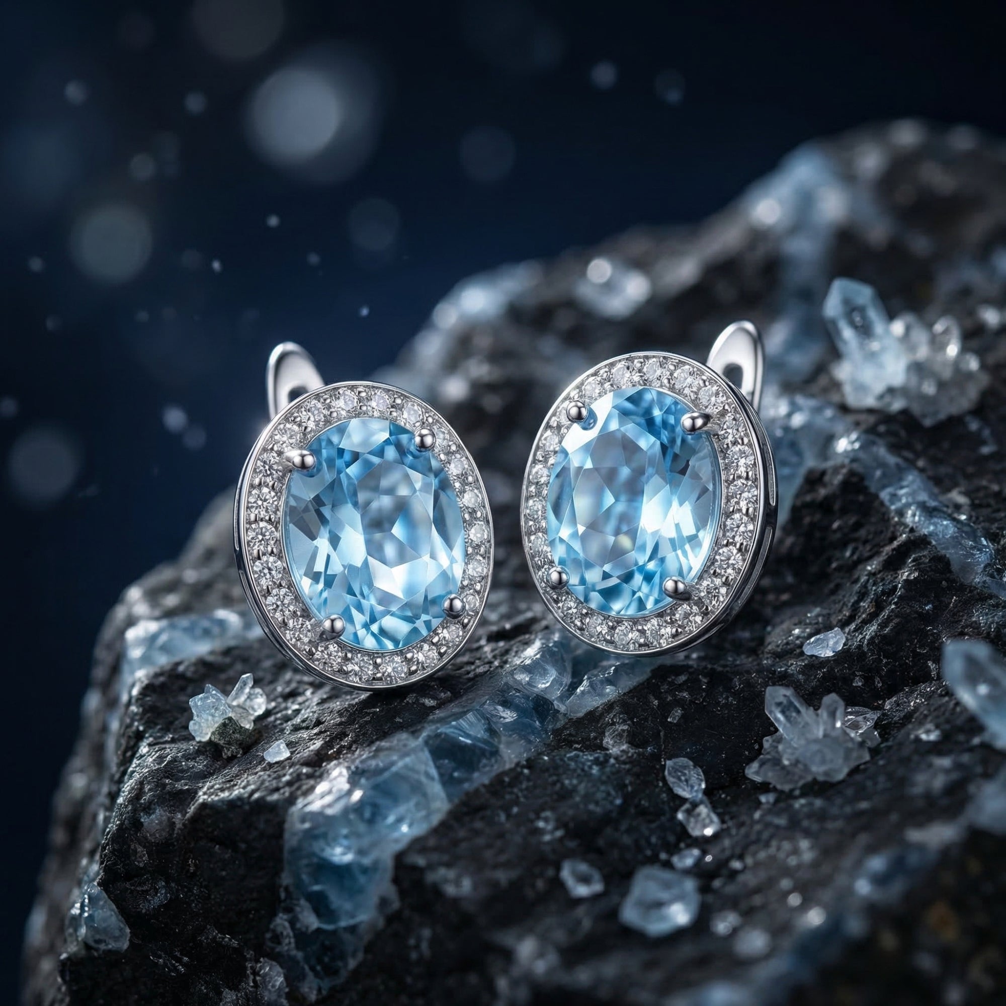 Macro detail of the faceted oval blue topaz stones and diamond halo on white gold drop earrings.