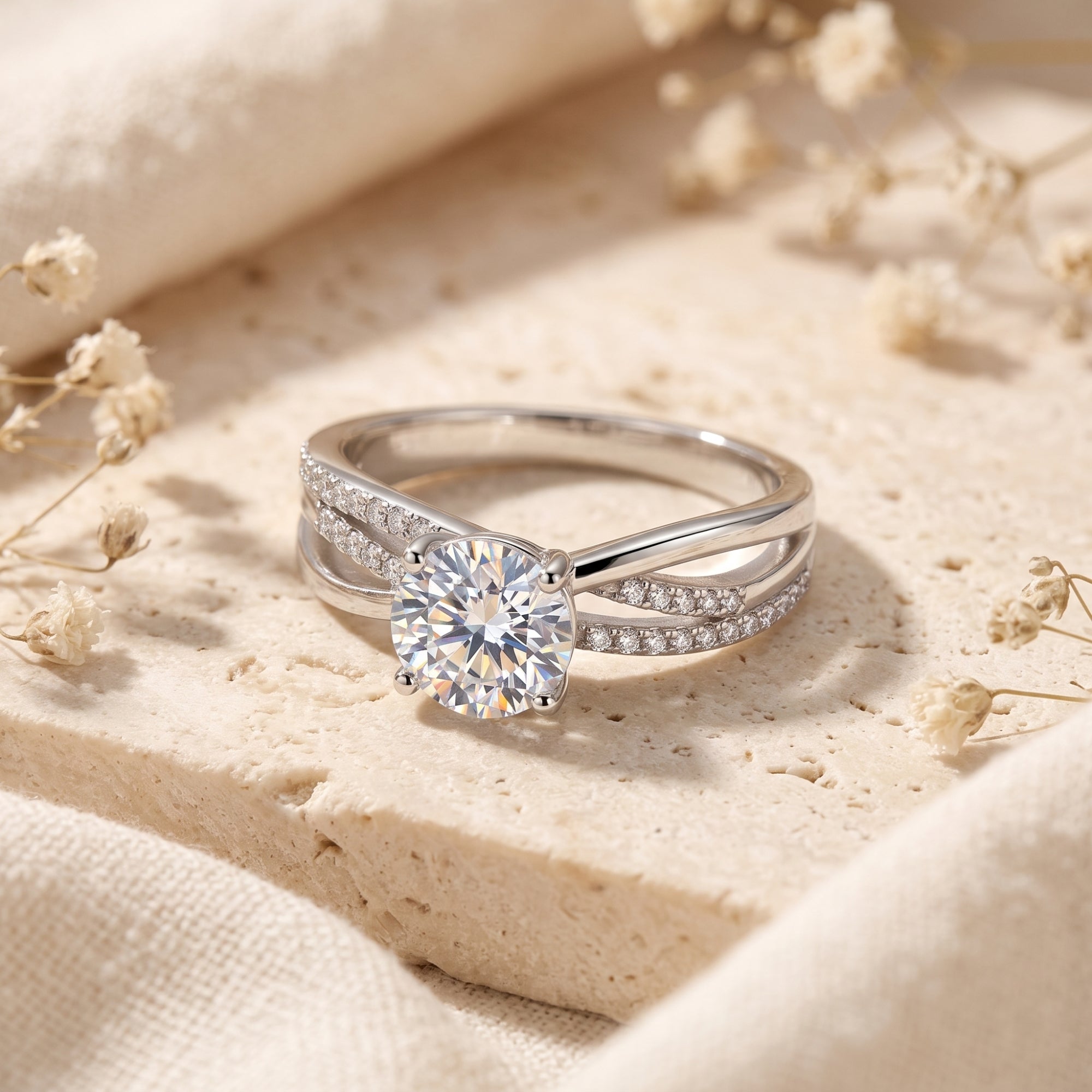 Front view of the sterling silver Donatella ring with a round cut simulated diamond and twisted triple-band design.