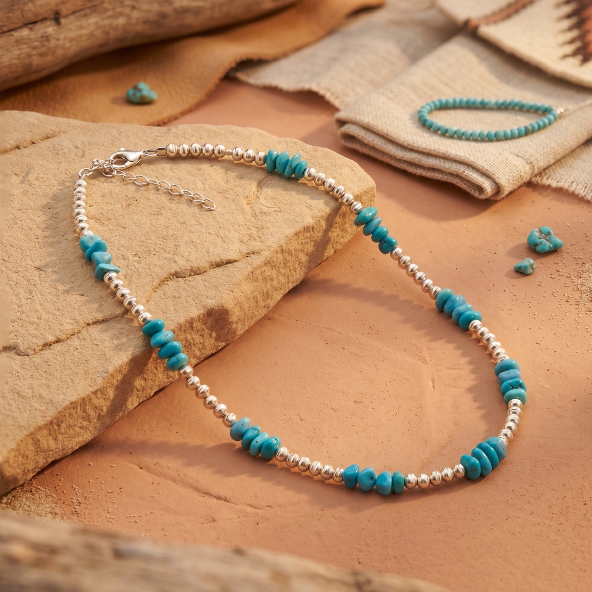 Full-length silver and turquoise bead necklace with lobster clasp on a desert stone background.