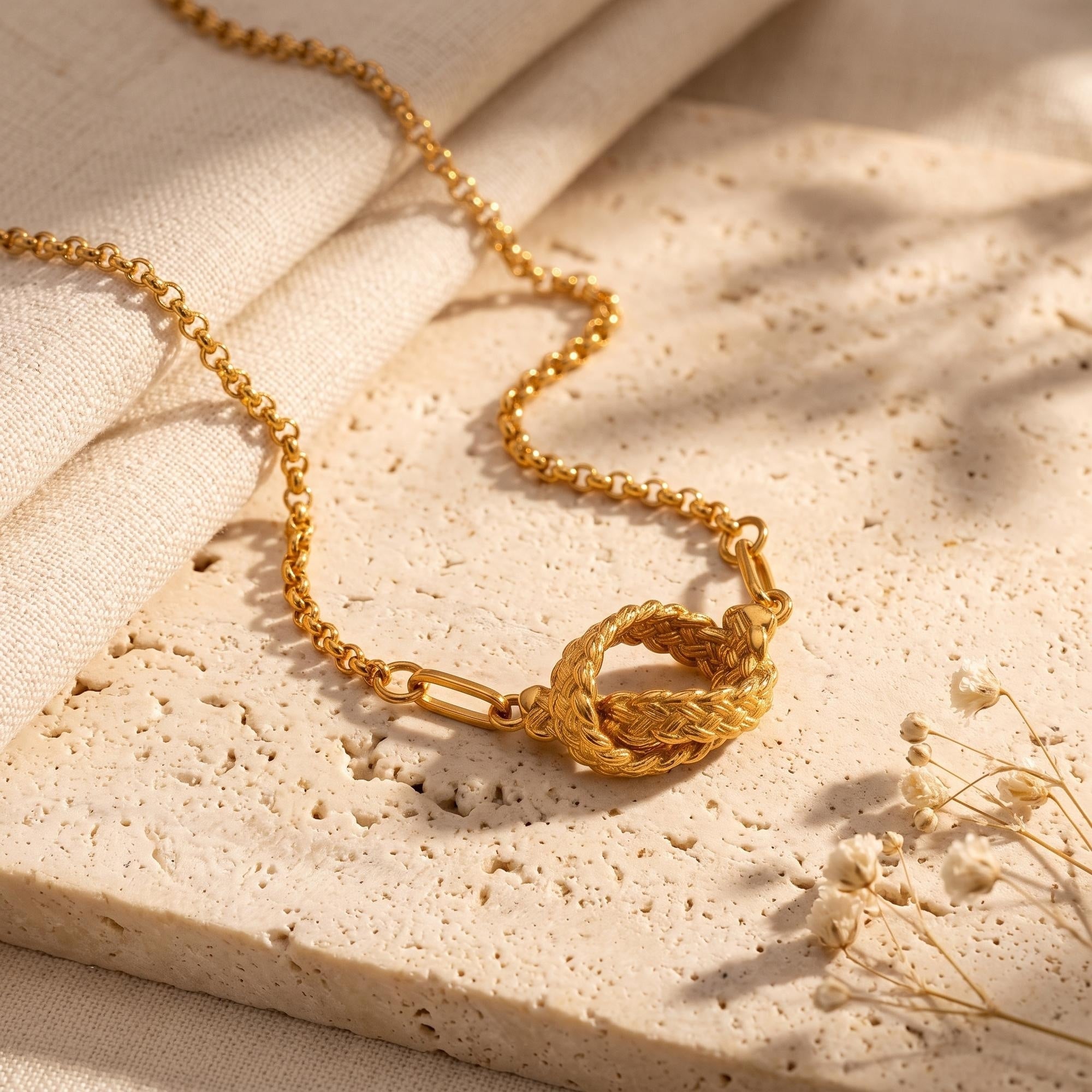 Macro view of the 18K gold PVD braided knot centerpiece on stone.