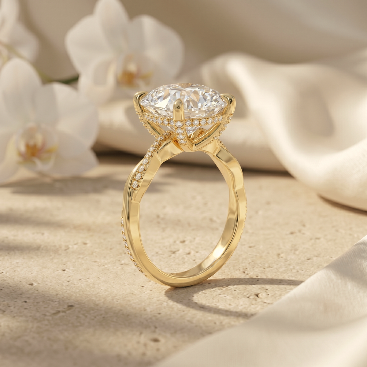 A detailed profile view of a round-cut moissanite engagement ring in yellow gold showing the intricate pavé gallery and band details.