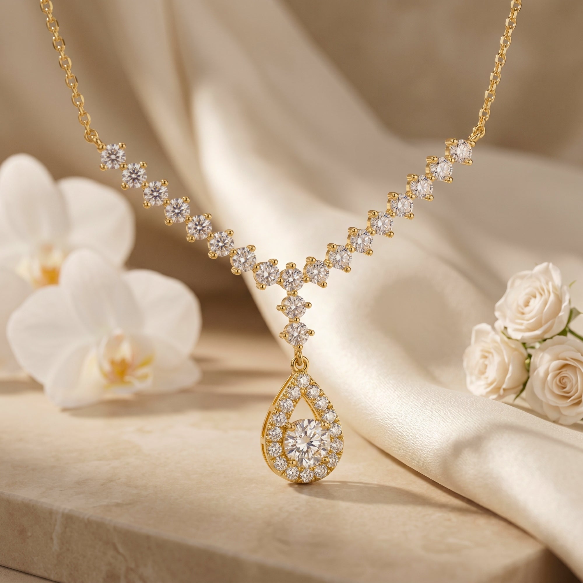 Gold vermeil moissanite necklace with pear-shaped halo pendant on styled lifestyle background.