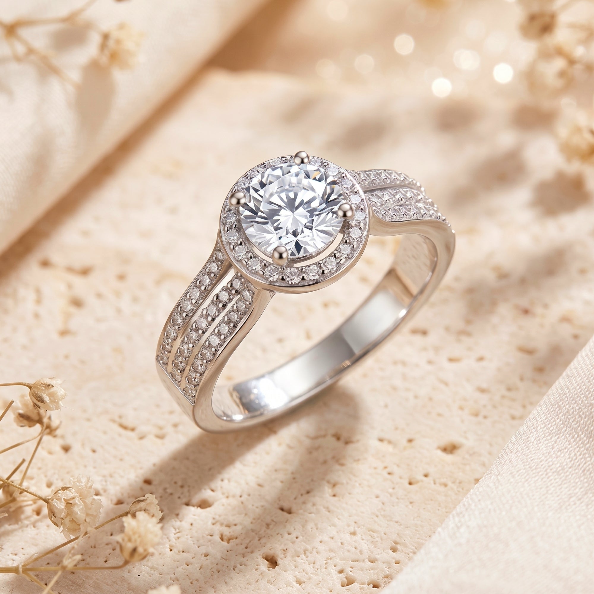 Close-up of a round simulated diamond ring with a triple-row pavé split-shank band in sterling silver.