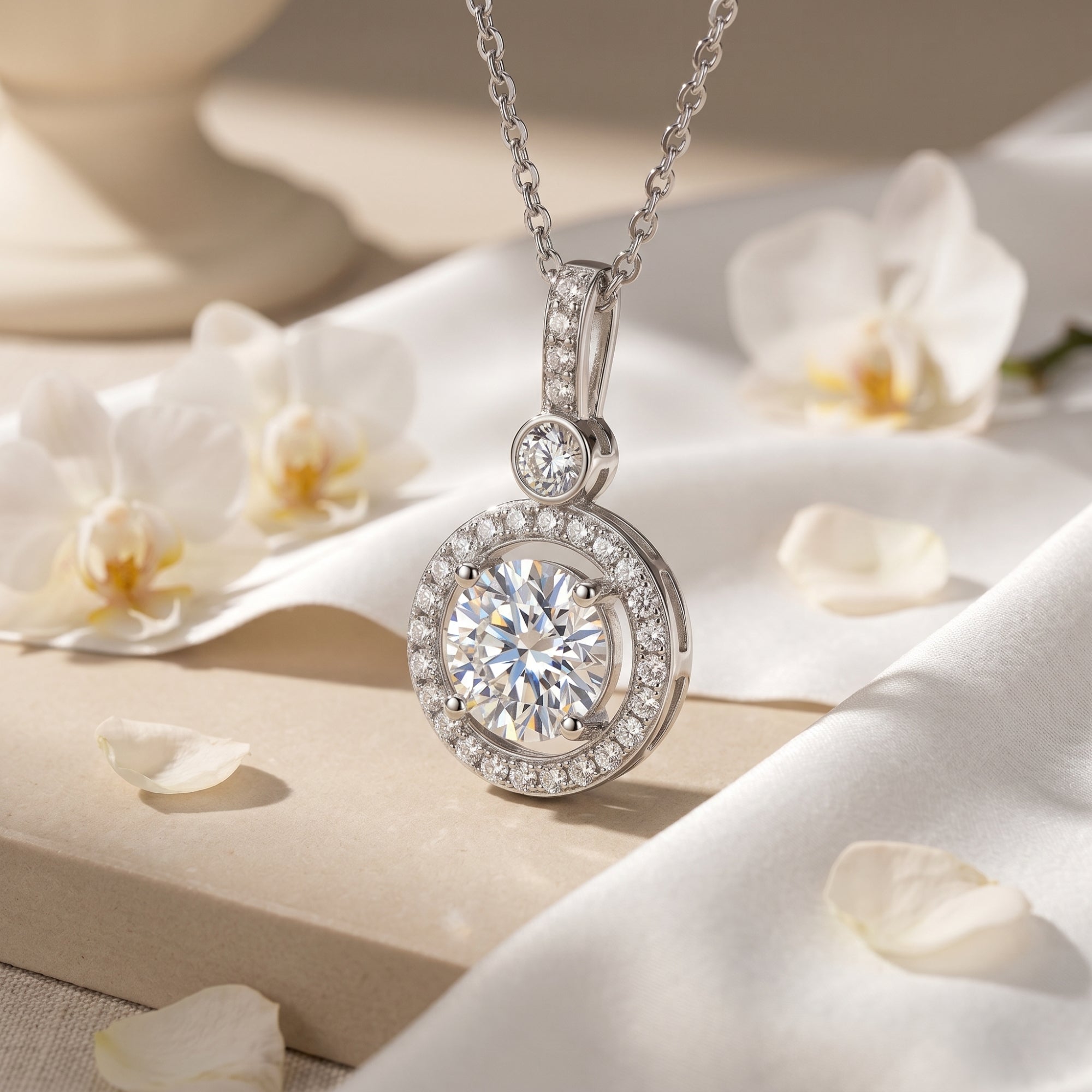 The Antoinette moissanite halo pendant necklace in solid gold with a round center stone, styled with white orchids.