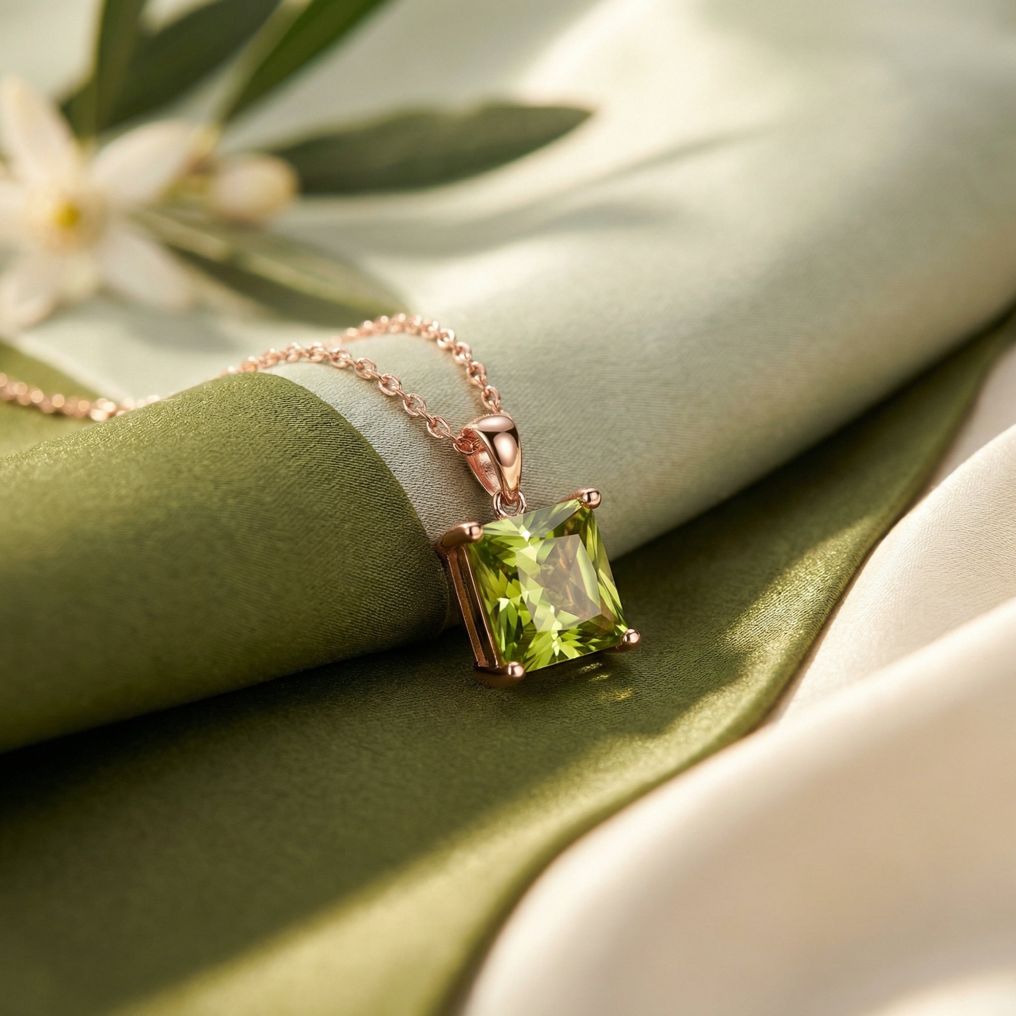 Close-up of a 6mm princess cut natural peridot pendant in an 18K rose gold vermeil setting on green fabric.