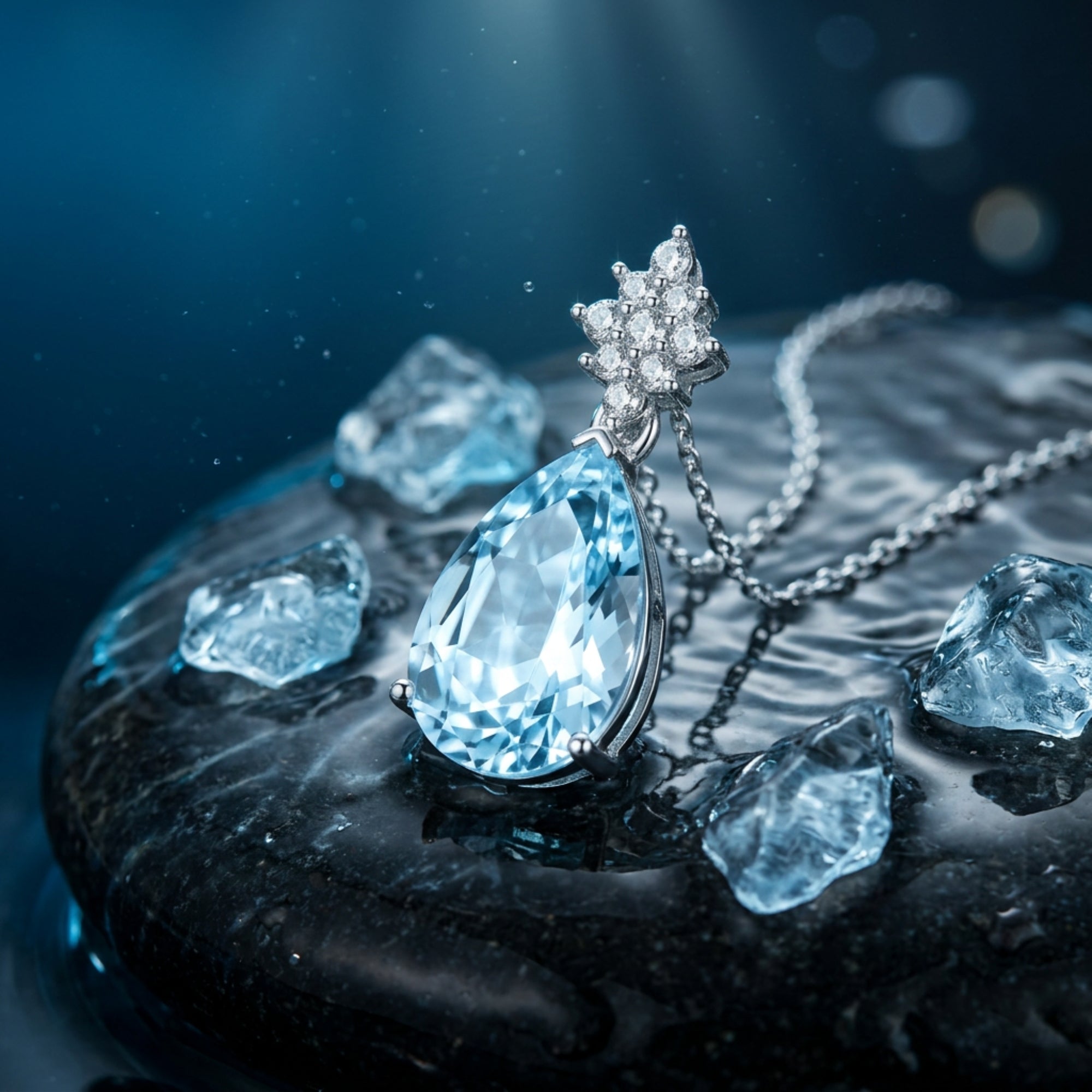 Macro view of the pear cut natural aquamarine pendant in Pt950 platinum resting on a wet dark stone.