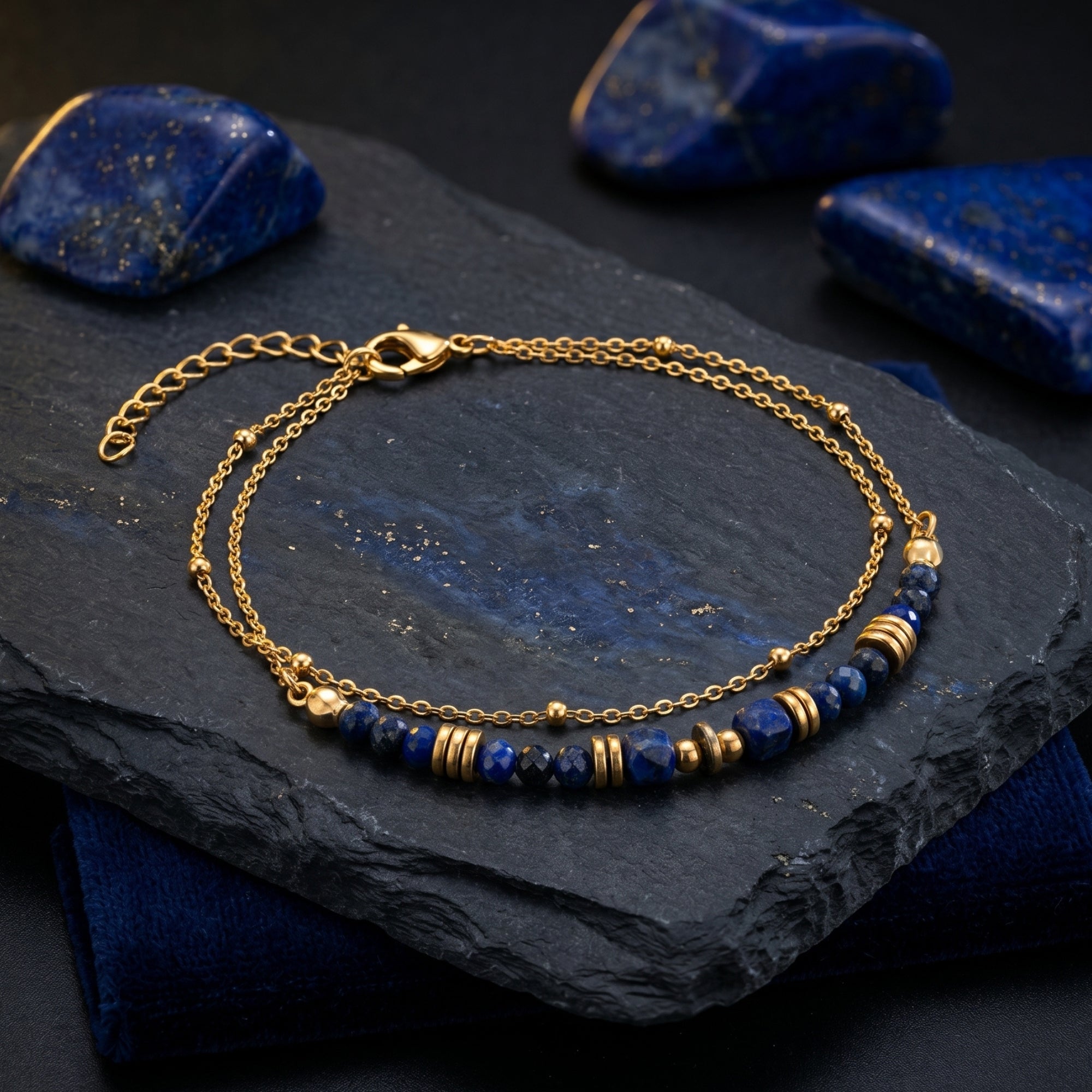 Natural lapis lazuli and 18K gold plated stainless steel bracelet displayed on a dark slate rock.