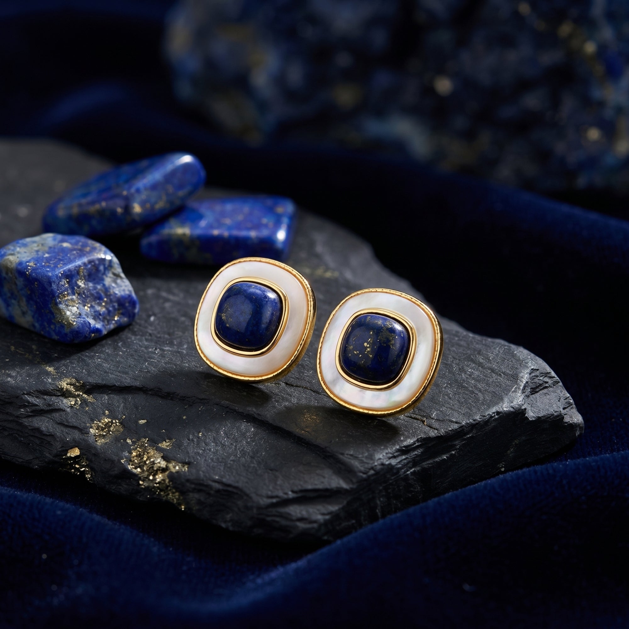 Pair of gold-plated natural lapis lazuli cushion earrings with white accents on a dark stone lifestyle setting.