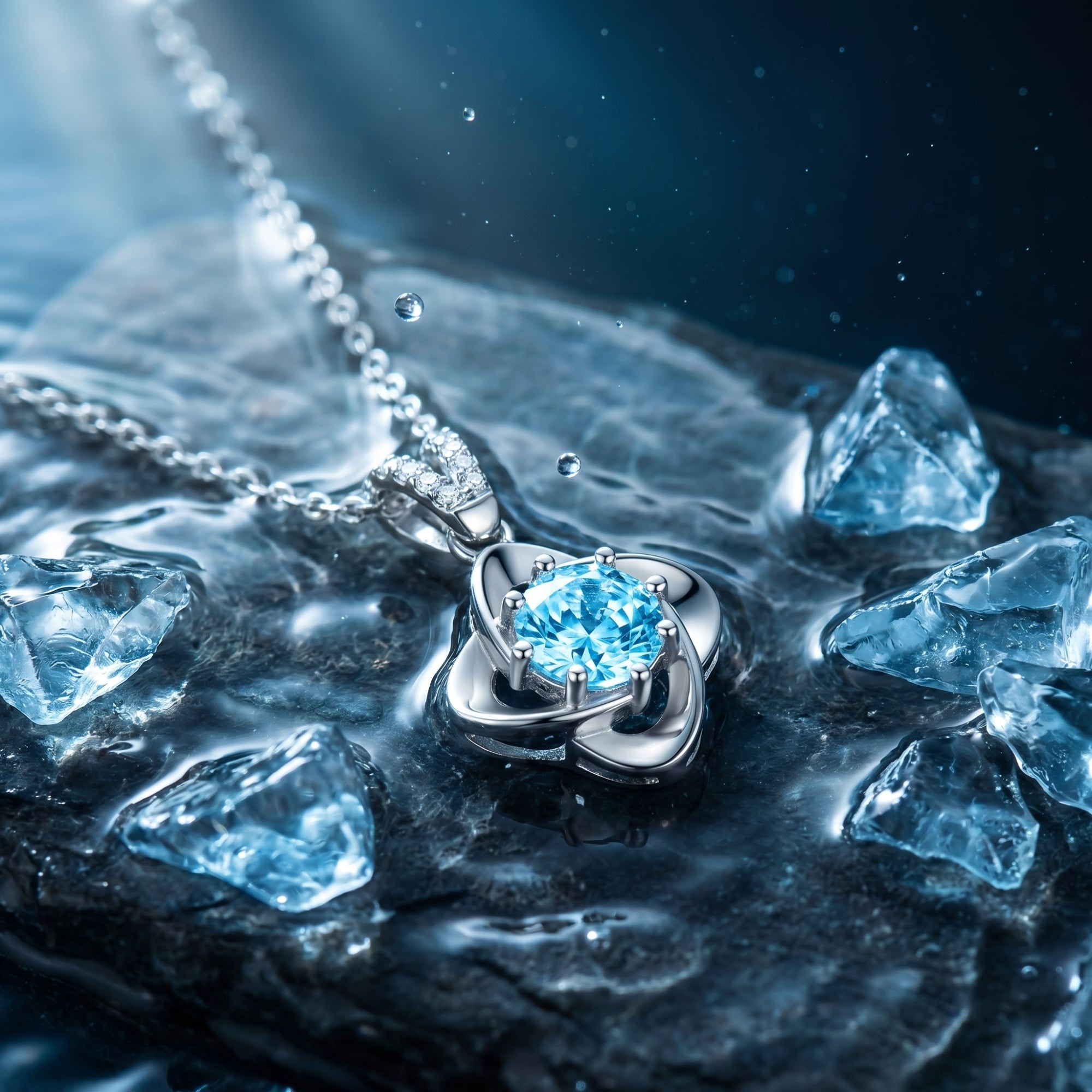 Close-up of a round cut aquamarine set in a platinum swirl pendant, resting on a wet stone with water droplets.