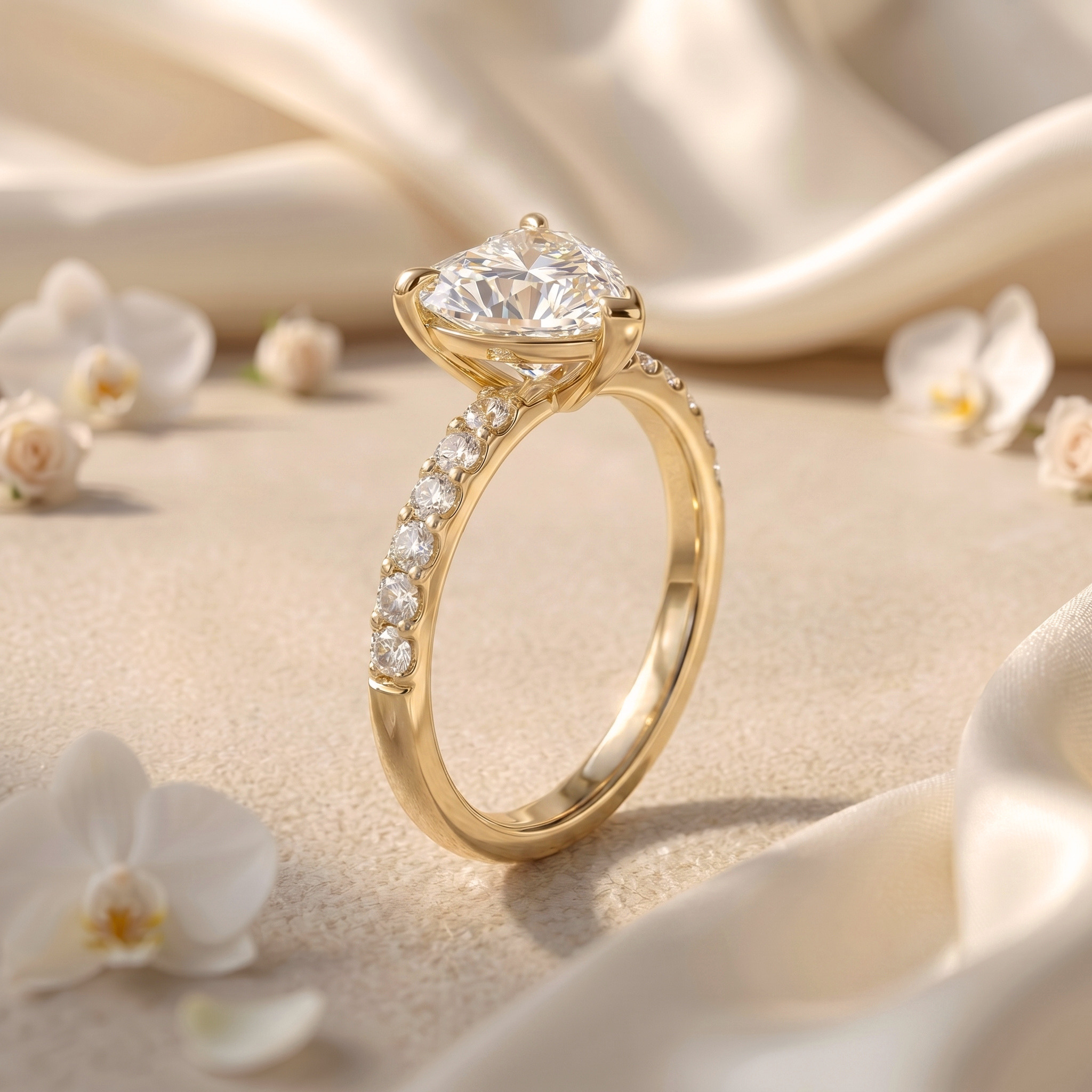 A side profile view of a yellow gold heart-shaped moissanite ring, detailing the sparkling accent stones on the band and the prong setting.