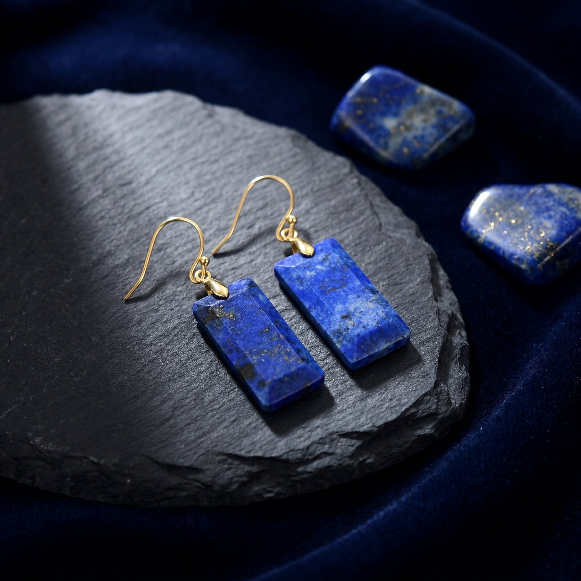 Pair of gold-plated rectangular lapis lazuli pillar earrings displayed on a dark textured stone surface.