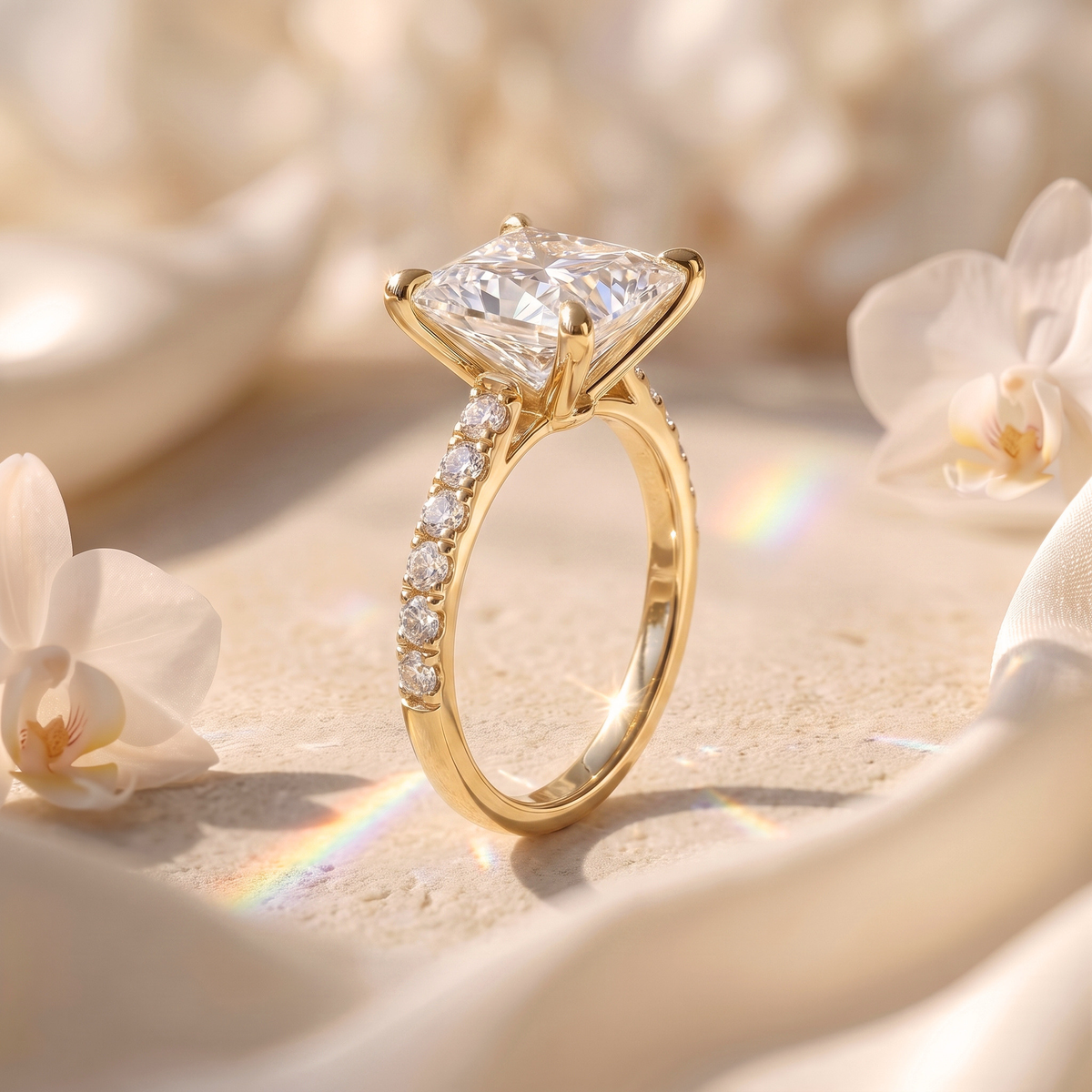 A side profile view of a princess-cut yellow gold moissanite engagement ring showing the intricate setting and pavé band.