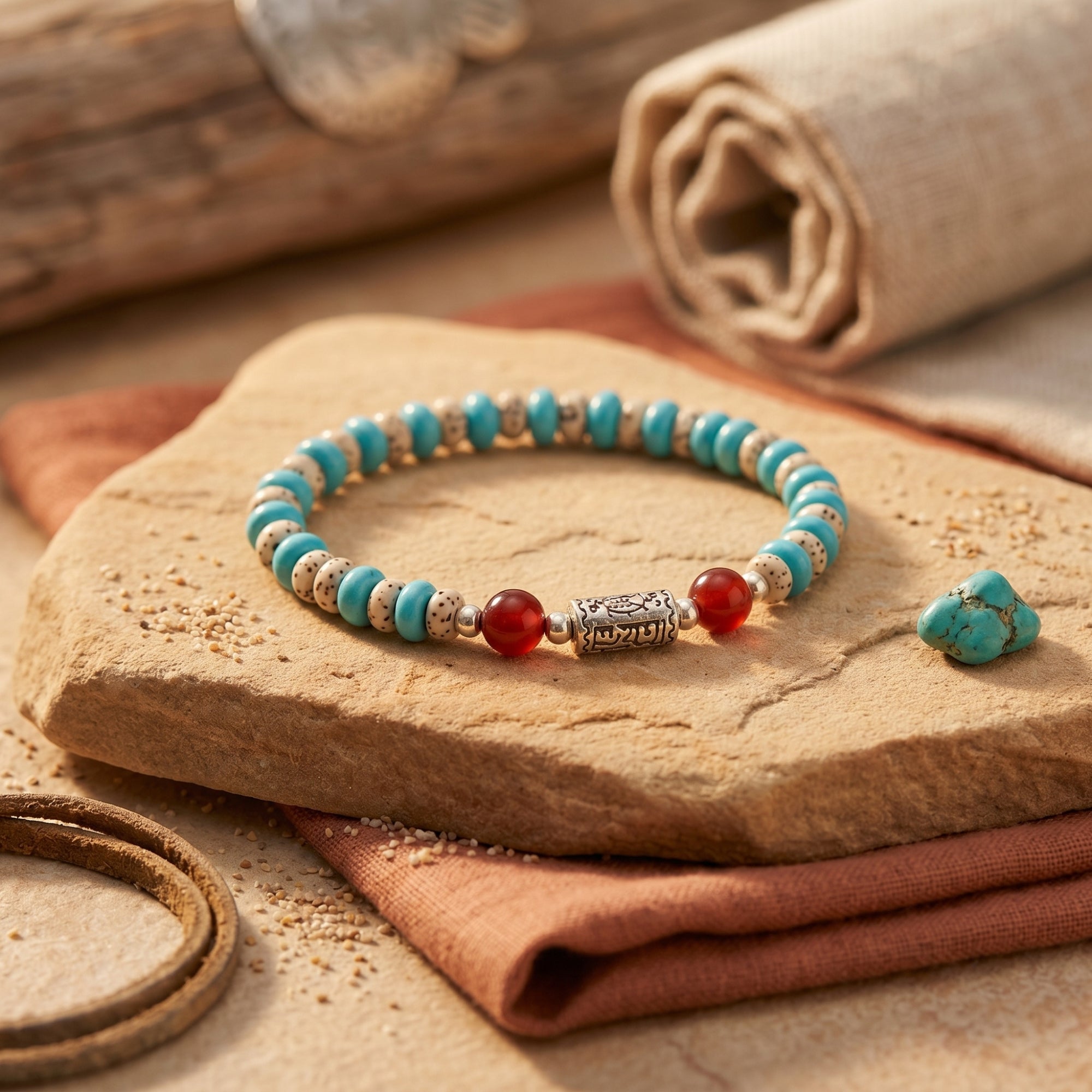 Beaded turquoise bracelet with red carnelian and a silver mantra bead styled on a desert-inspired stone.