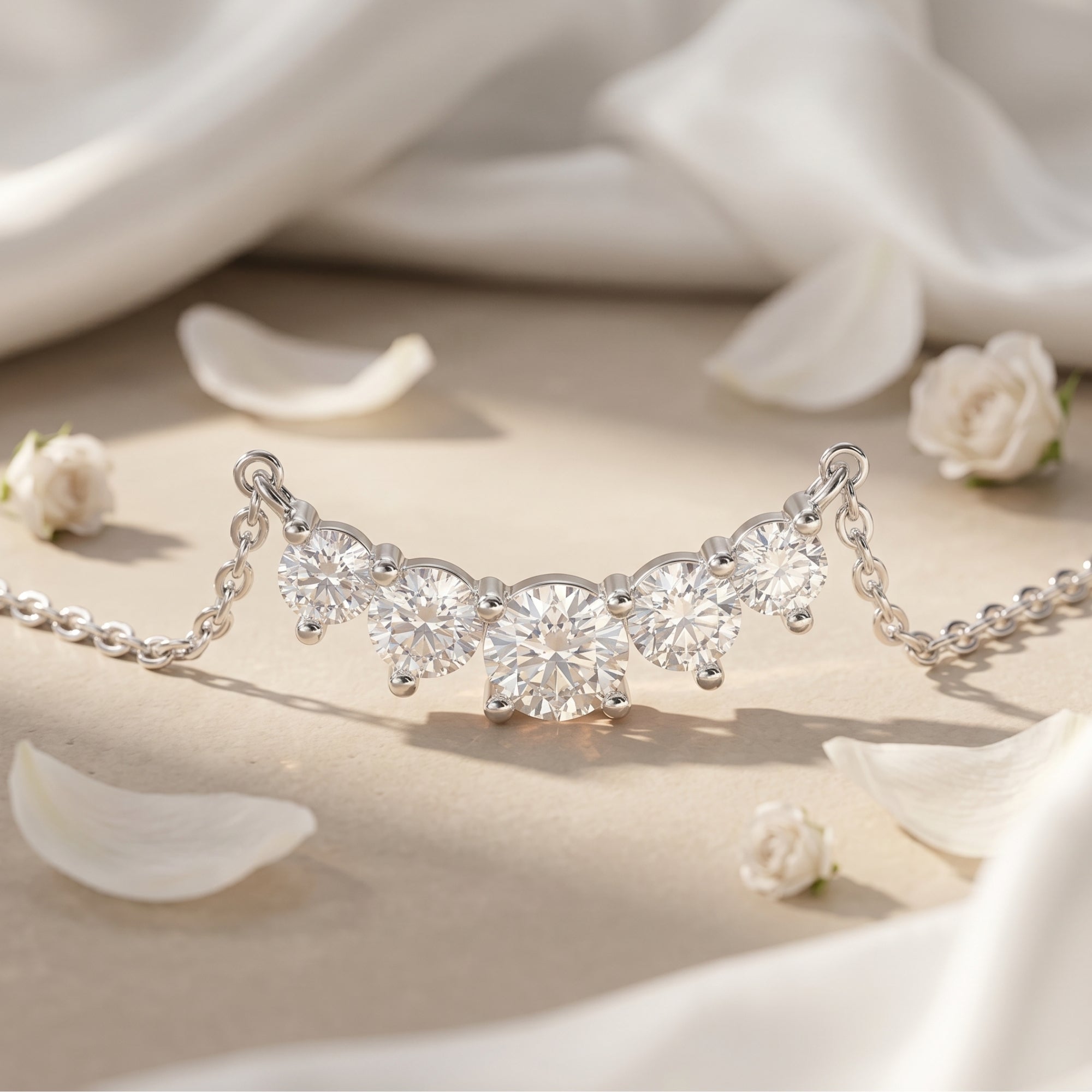 Macro view of the Antonella silver moissanite pendant featuring five precision-cut round stones.