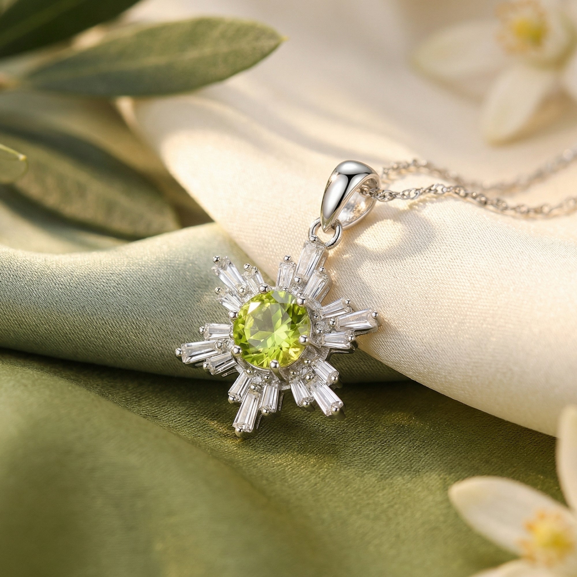Macro view of the Elina pendant's 7mm round cut natural peridot and baguette-cut stones in sterling silver.