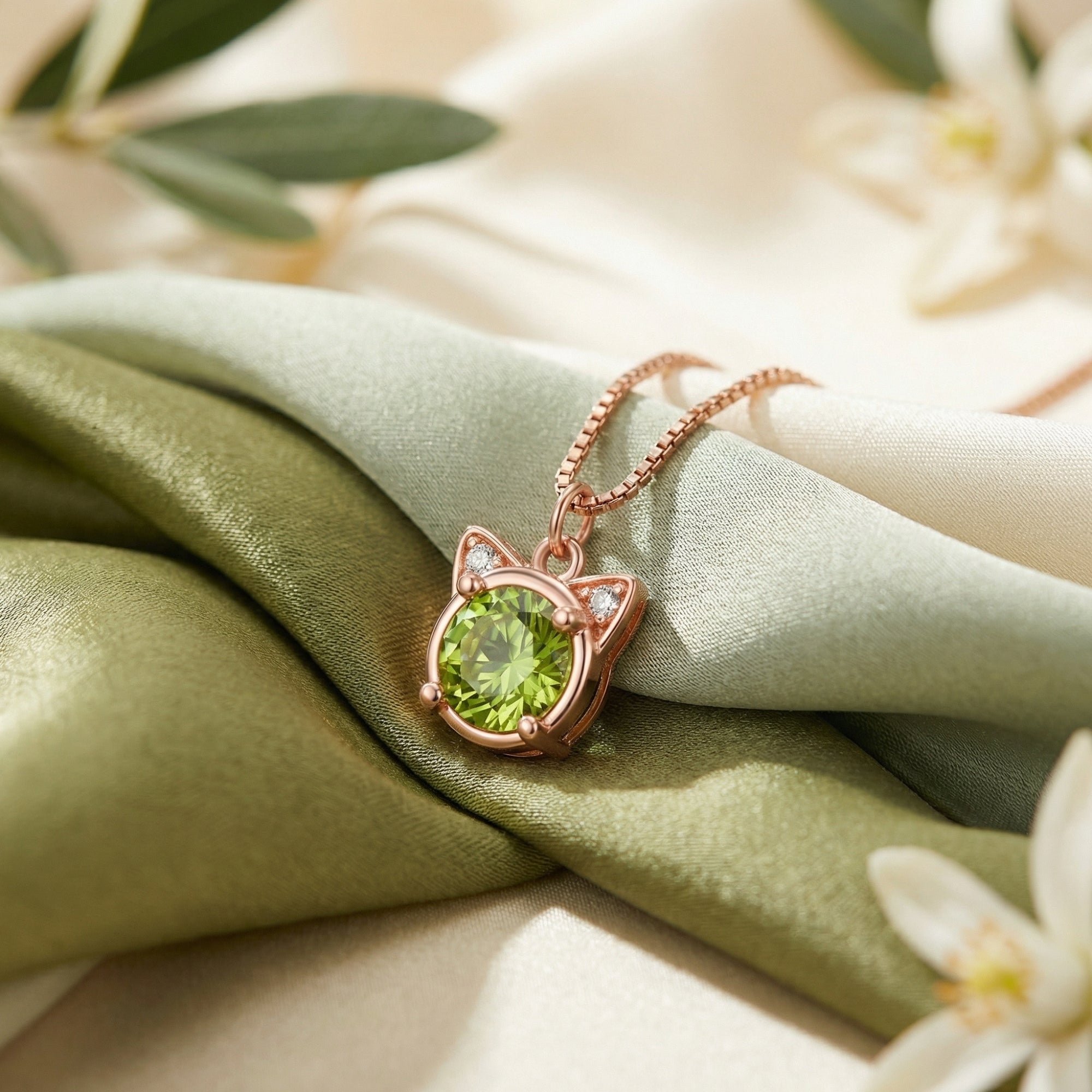 Close-up of a 6mm round cut natural peridot in a rose gold cat-ear setting on green silk.