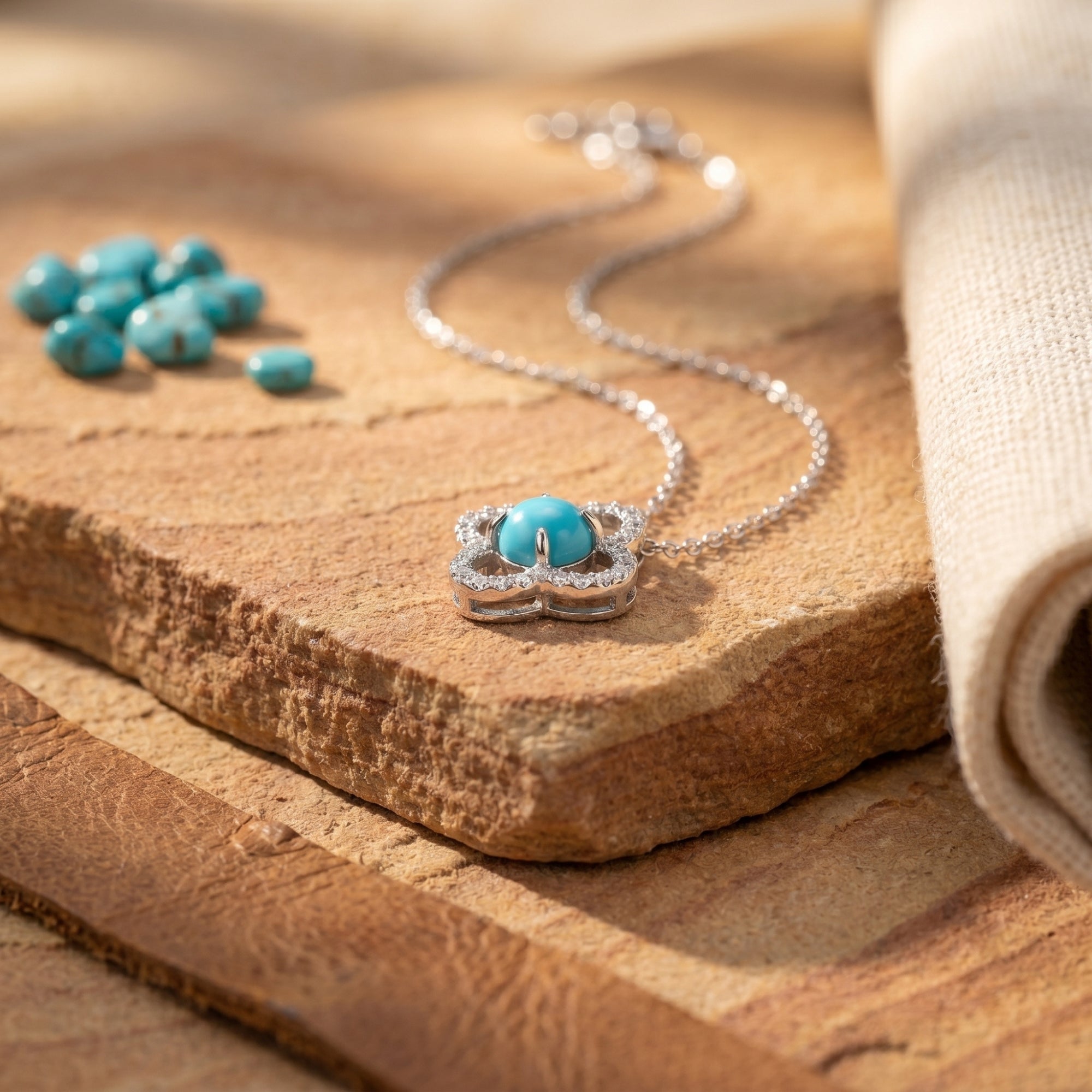 Macro view of a silver quatrefoil pendant with a round turquoise cabochon and pavé stones.